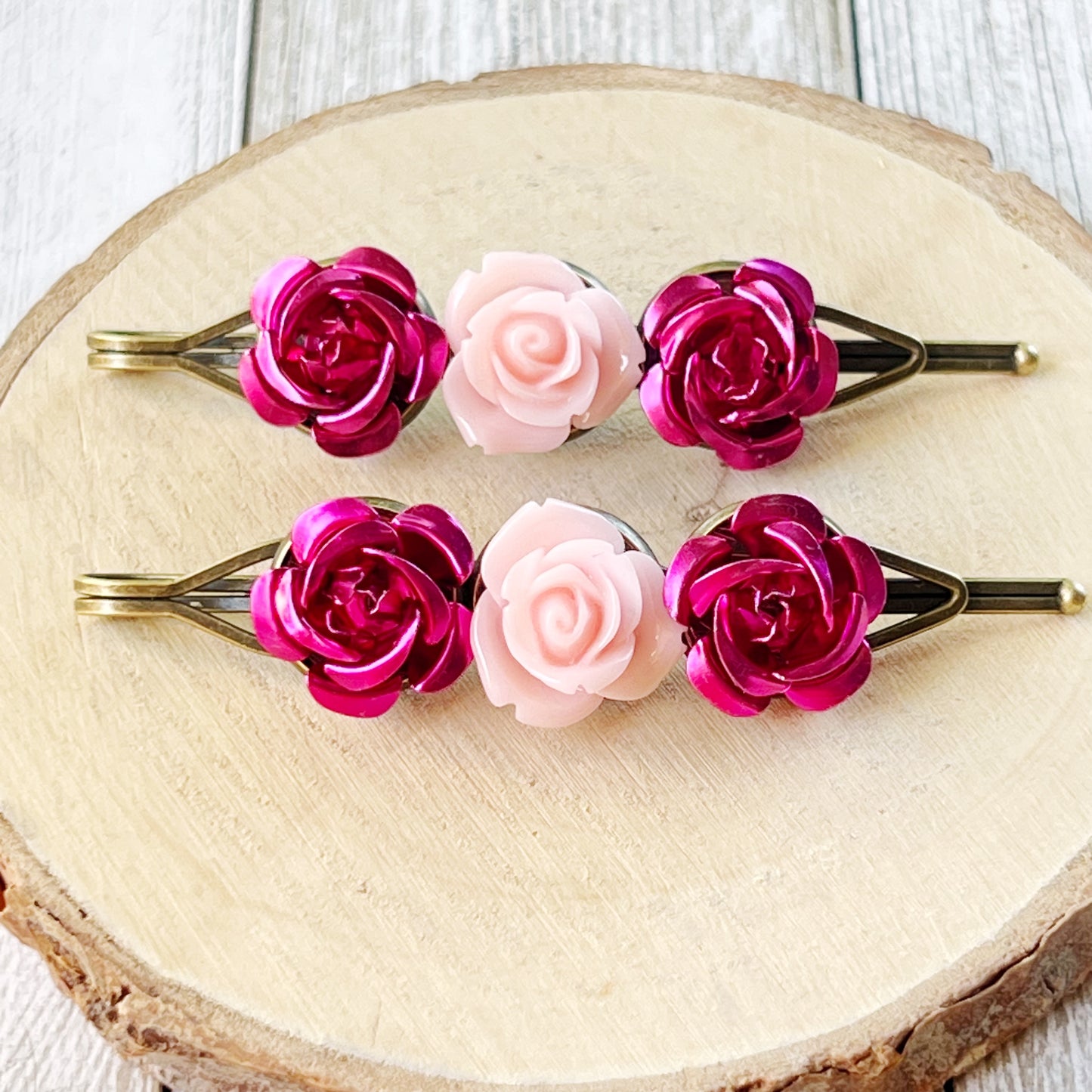 Pink Rose Flower Hair Pins