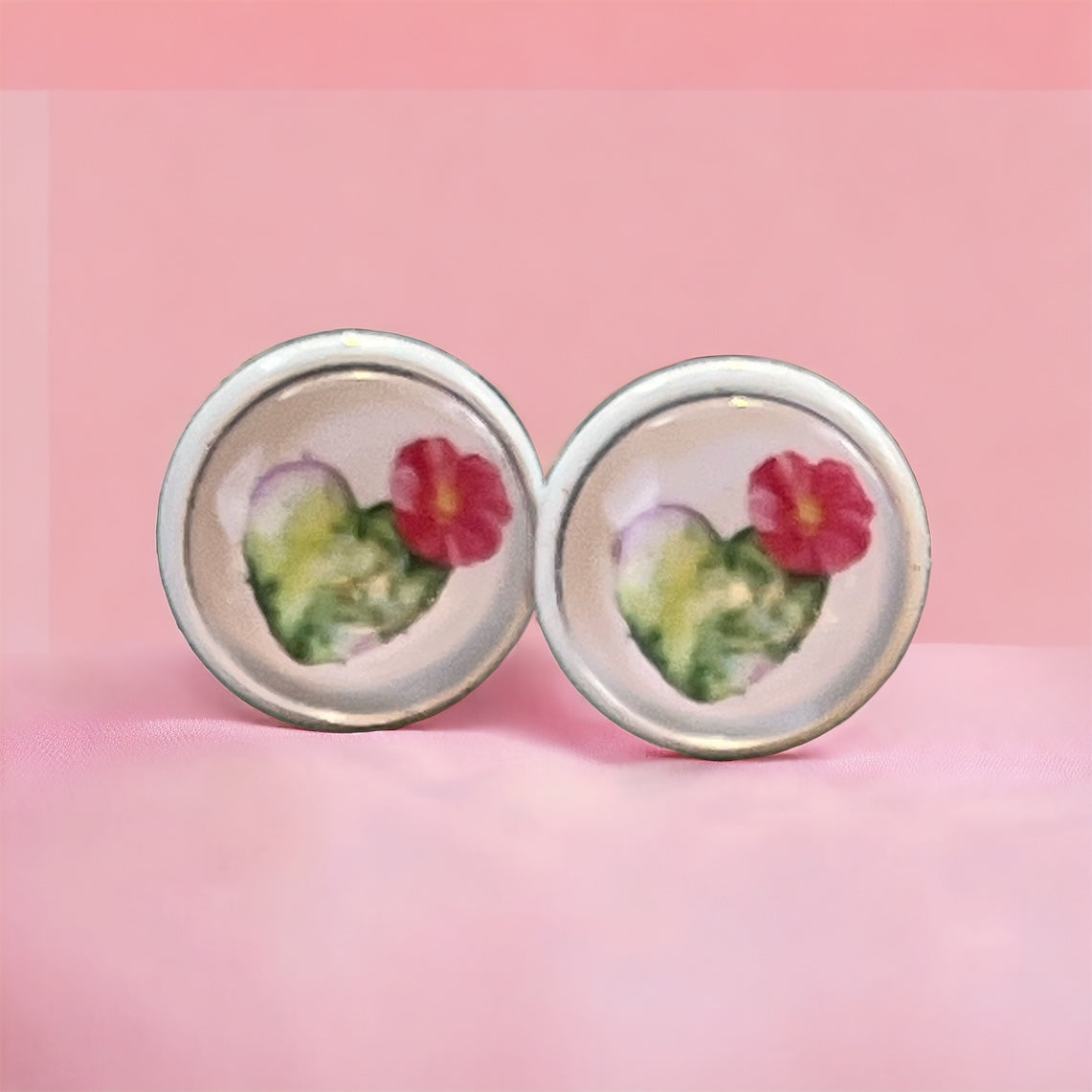 Flowering Cactus Heart Valentine Succulent White Stud Earrings