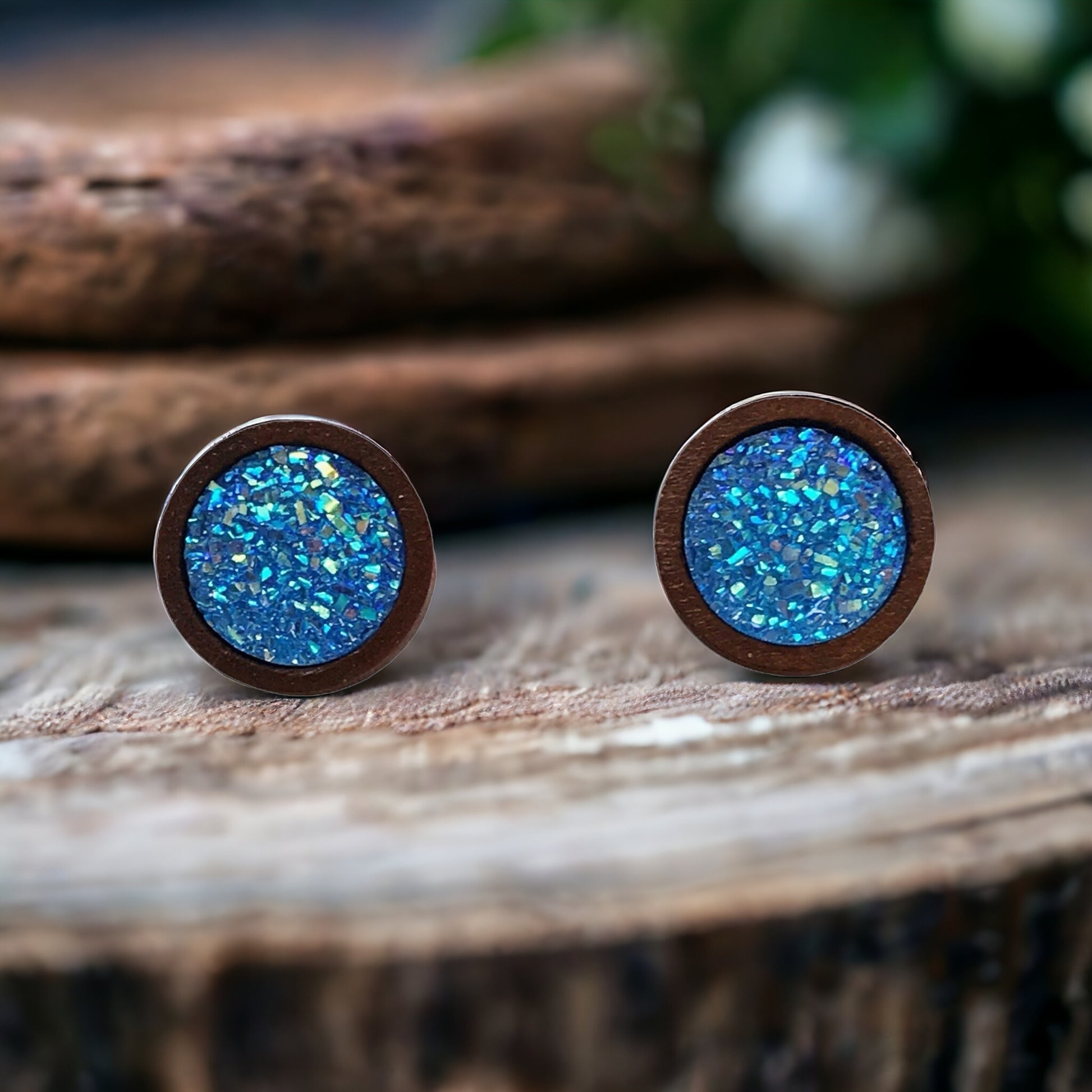 Blue Glitter Druzy Earrings - Boho Chic Studs with Natural Wood Accents