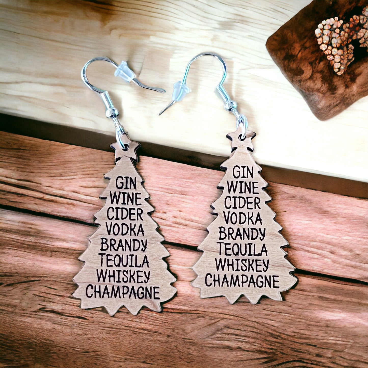 Funny Boozy Christmas Earrings, Christmas Tree Dangle Earring, Cute Fun Holiday Earring, Wood Tree Earring, Country Xmas Booze Wine Jewelry