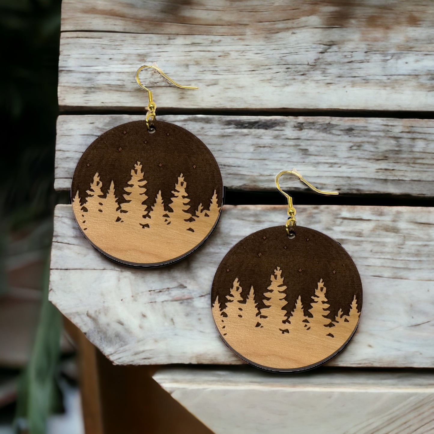 Pine Trees Mountain Earrings, Cute Holiday Christmas Dangle Earrings, Round Wood Earrings, Country Xmas Jewelry, Snowy Forest Nature Gifts