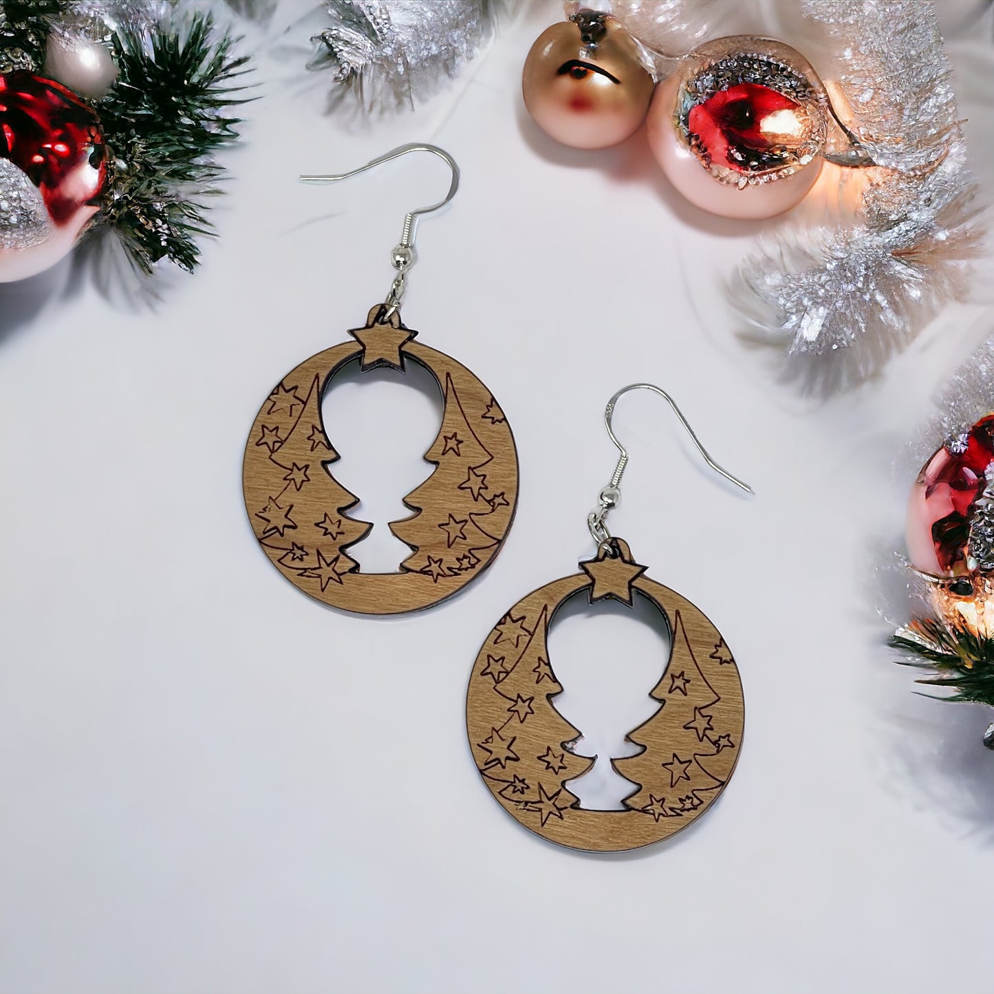 Christmas Tree Wood Earrings - Rustic Dangle Pine Tree Design, Cute Winter Holiday Accessories with a Natural Touch