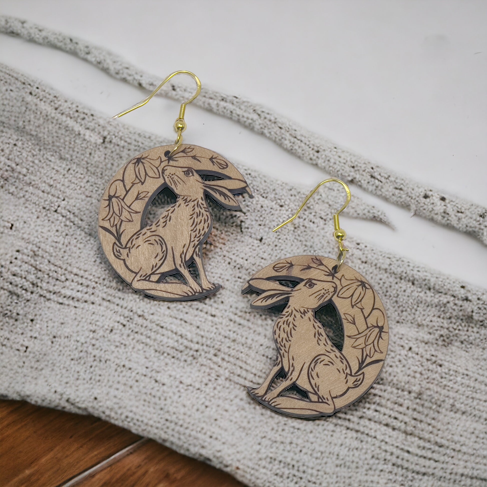 Wood Dangle Bunny & Lily Flower Easter Earrings - Boho Crescent Moon Rabbit Jewelry