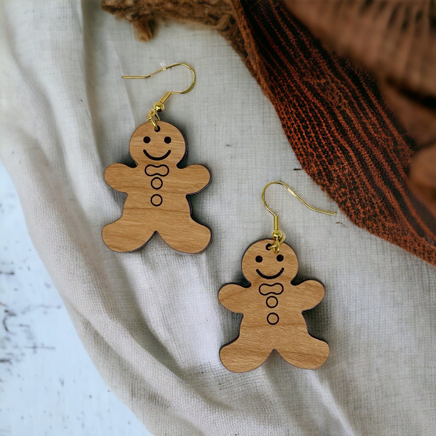 Gingerbread Man Earrings, Rustic Dangle Earring, Funny Wood Earring, Cute Winter Holiday Wooden Womens Earring, Country Western Xmas Jewelry