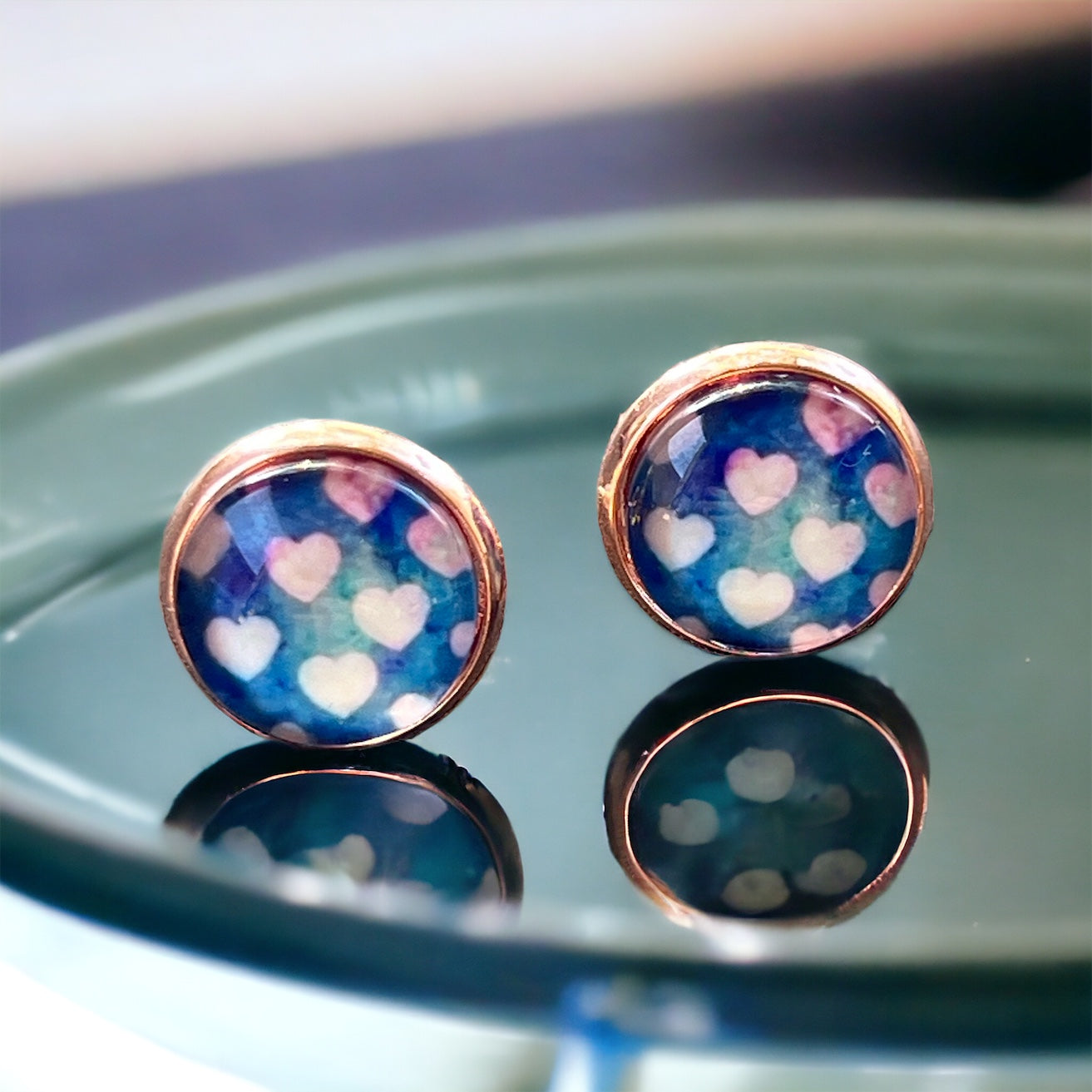 Pink Heart Blue & Rose Gold Earring Studs - Elegant and Charming Accessories