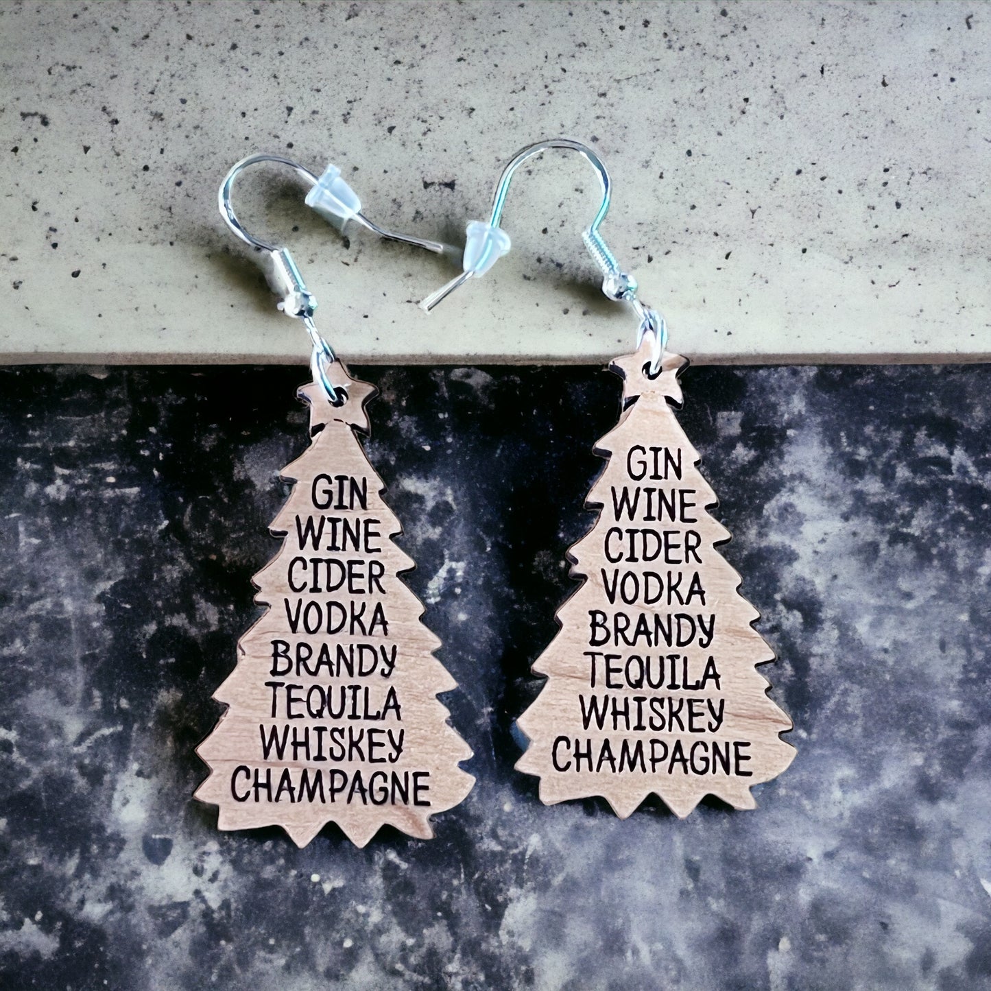 Funny Boozy Christmas Earrings, Christmas Tree Dangle Earring, Cute Fun Holiday Earring, Wood Tree Earring, Country Xmas Booze Wine Jewelry