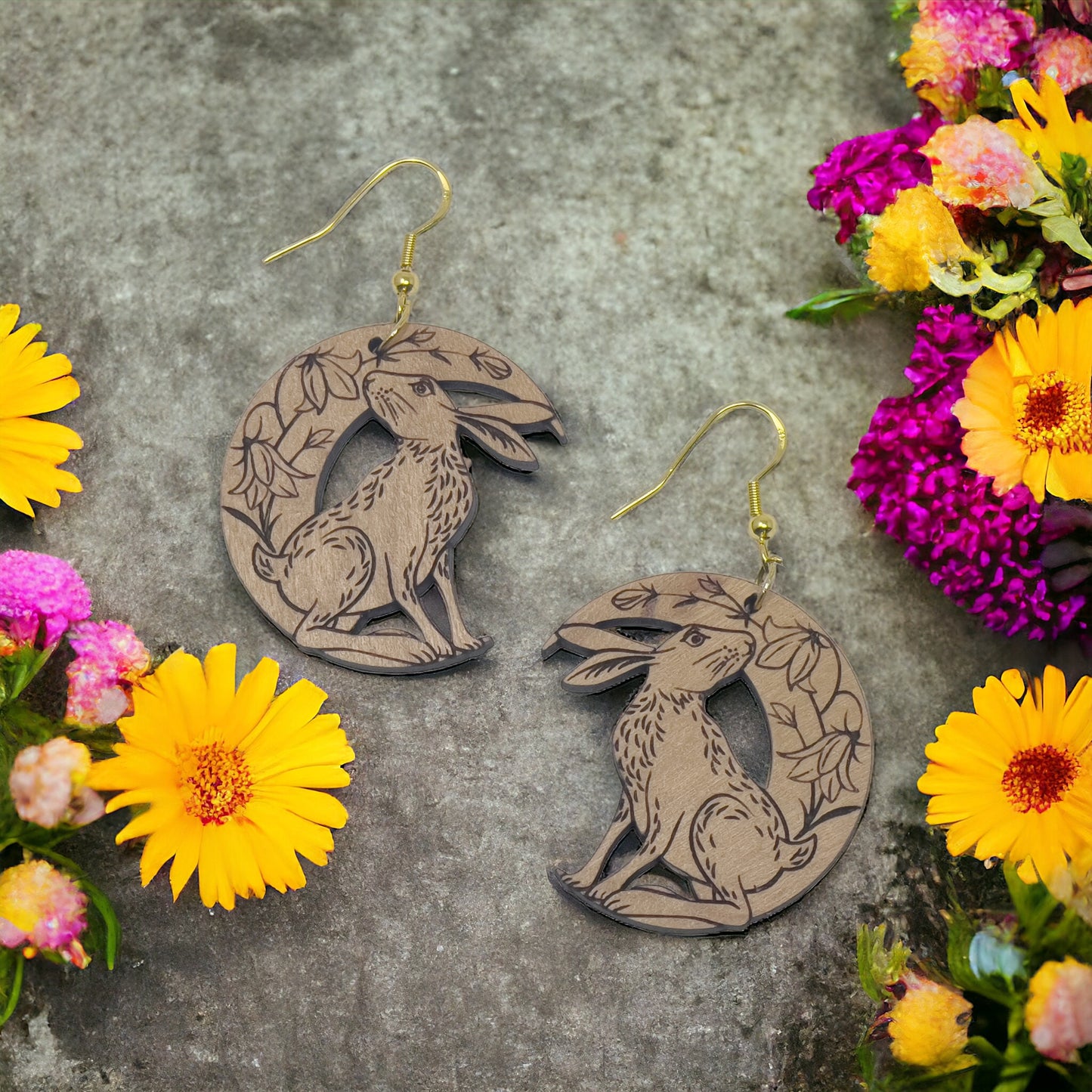 Wood Dangle Bunny & Lily Flower Easter Earrings - Boho Crescent Moon Rabbit Jewelry