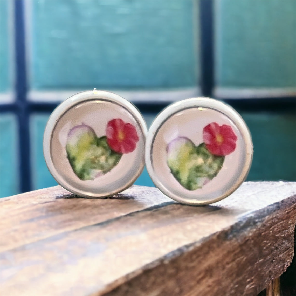 Flowering Cactus Heart Valentine Succulent White Stud Earrings