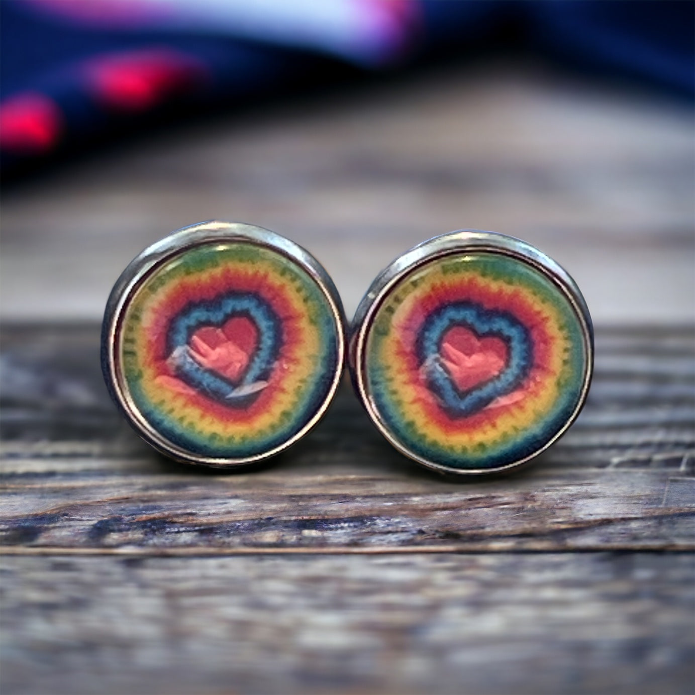 Tie-Dye Heart Silver Stud Earrings: Boho Hippie Chic for Vibrant Style