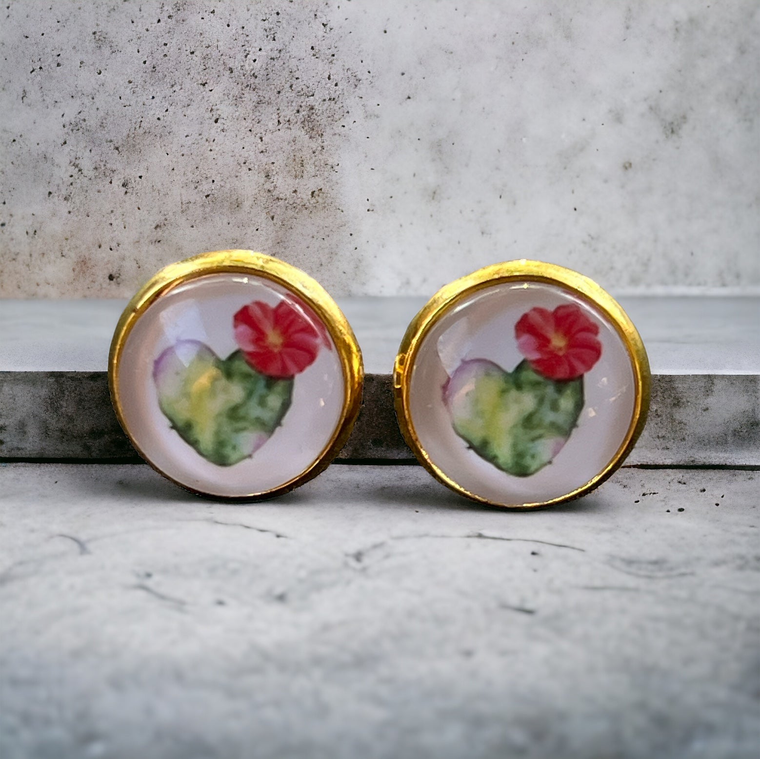 Flowering Cactus Heart Valentine Succulent Gold Stud Earrings