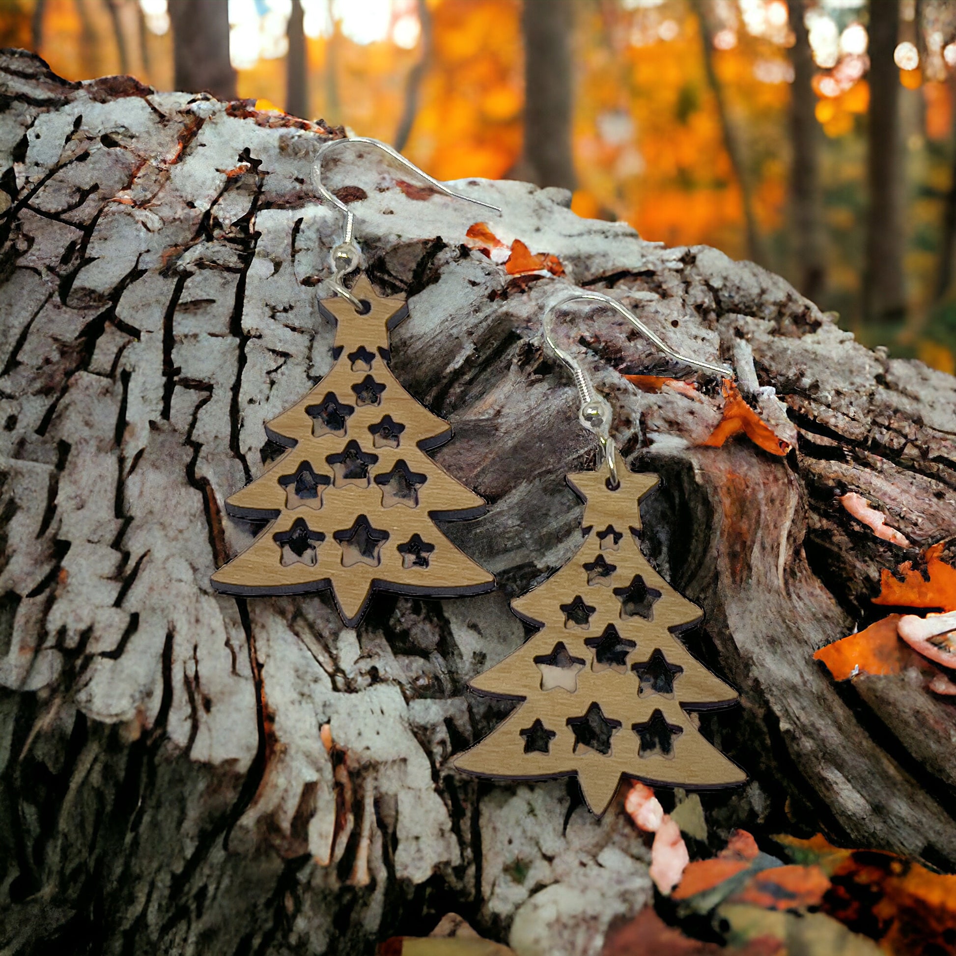 Tree & Star Earrings - Rustic Wood Dangle Earrings with a Whimsical Boho Touch, Cute Winter Holiday Accessories | Nature-Inspired Jewelry