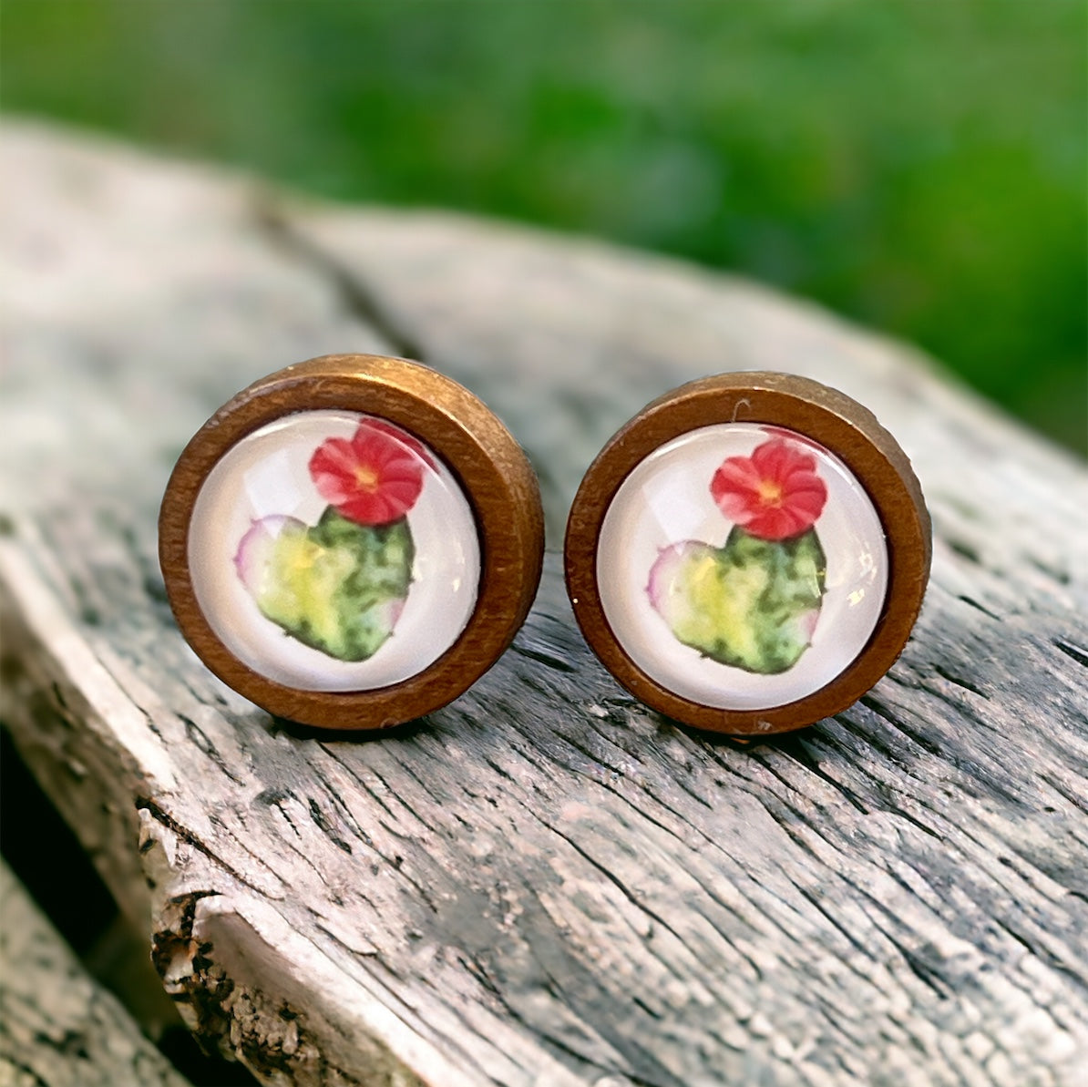 Flowering Cactus Heart Valentine Succulent Wood Stud Earrings