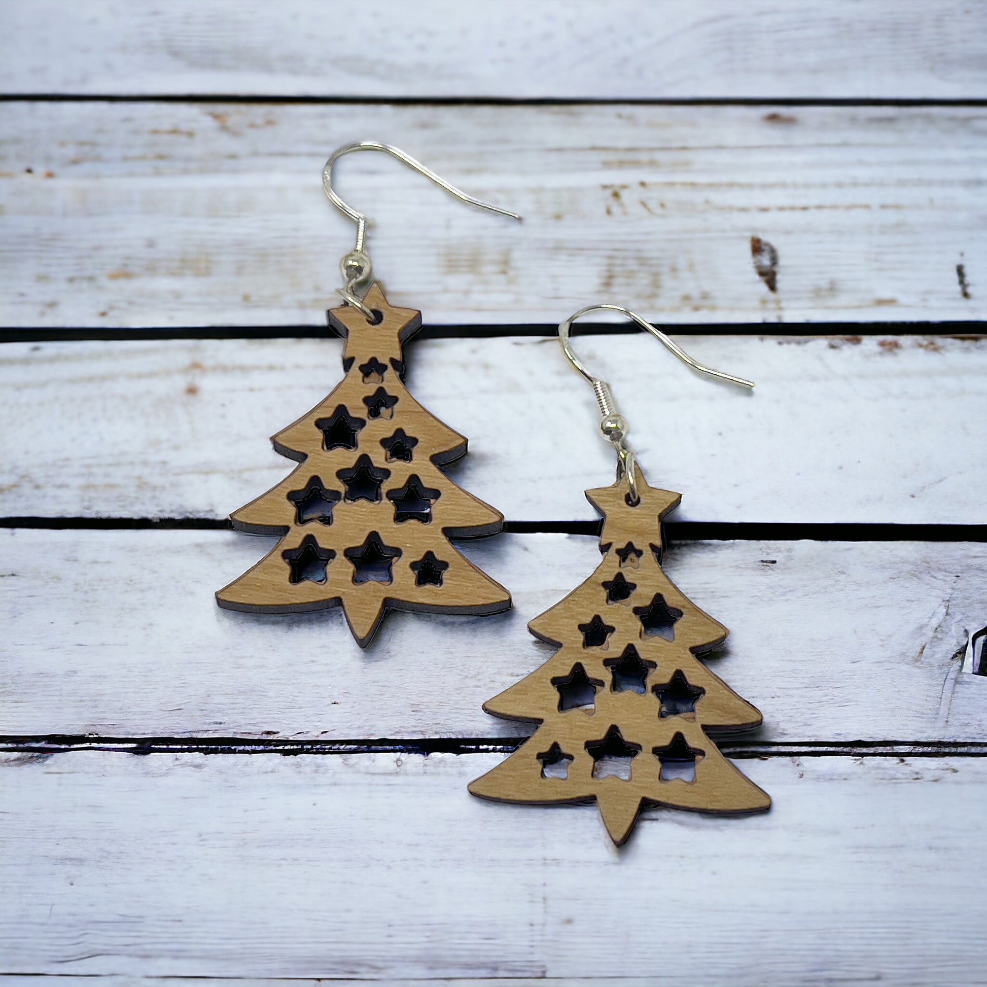 Tree & Star Earrings - Rustic Wood Dangle Earrings with a Whimsical Boho Touch, Cute Winter Holiday Accessories | Nature-Inspired Jewelry