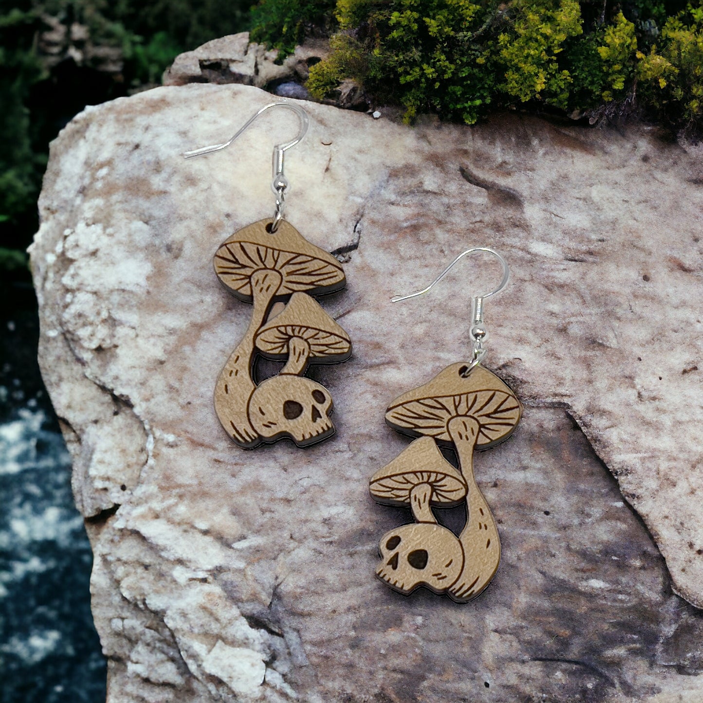 Mushroom Earrings, Rustic Dangle Earrings, Boho Skull Earrings, Cute Nature Earrings, Gothic Wooden Earrings, Country Western Hippie Jewelry