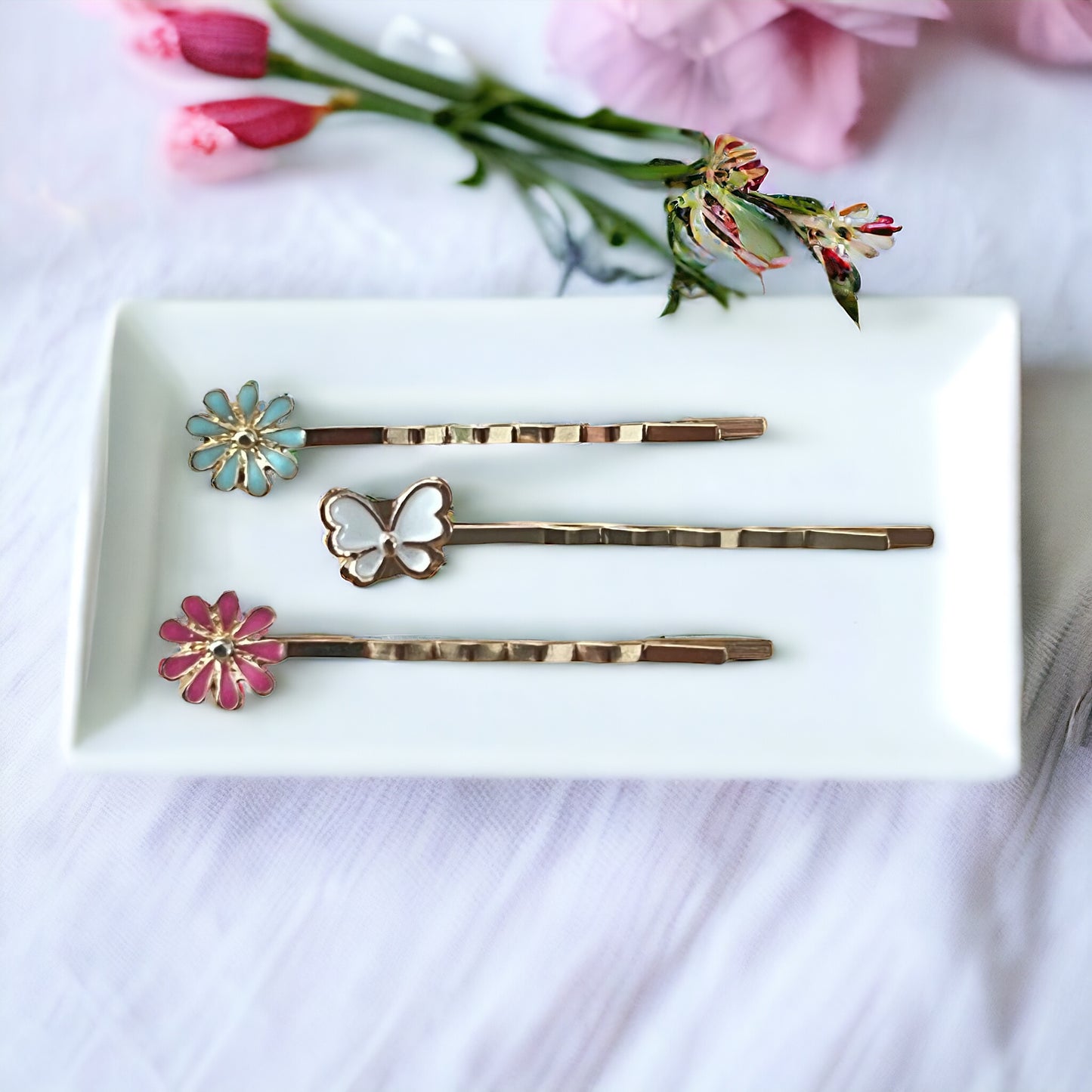 White Butterfly & Flower Hair Pin Set - Set of 3 Adorable Accessories for Hair Styling