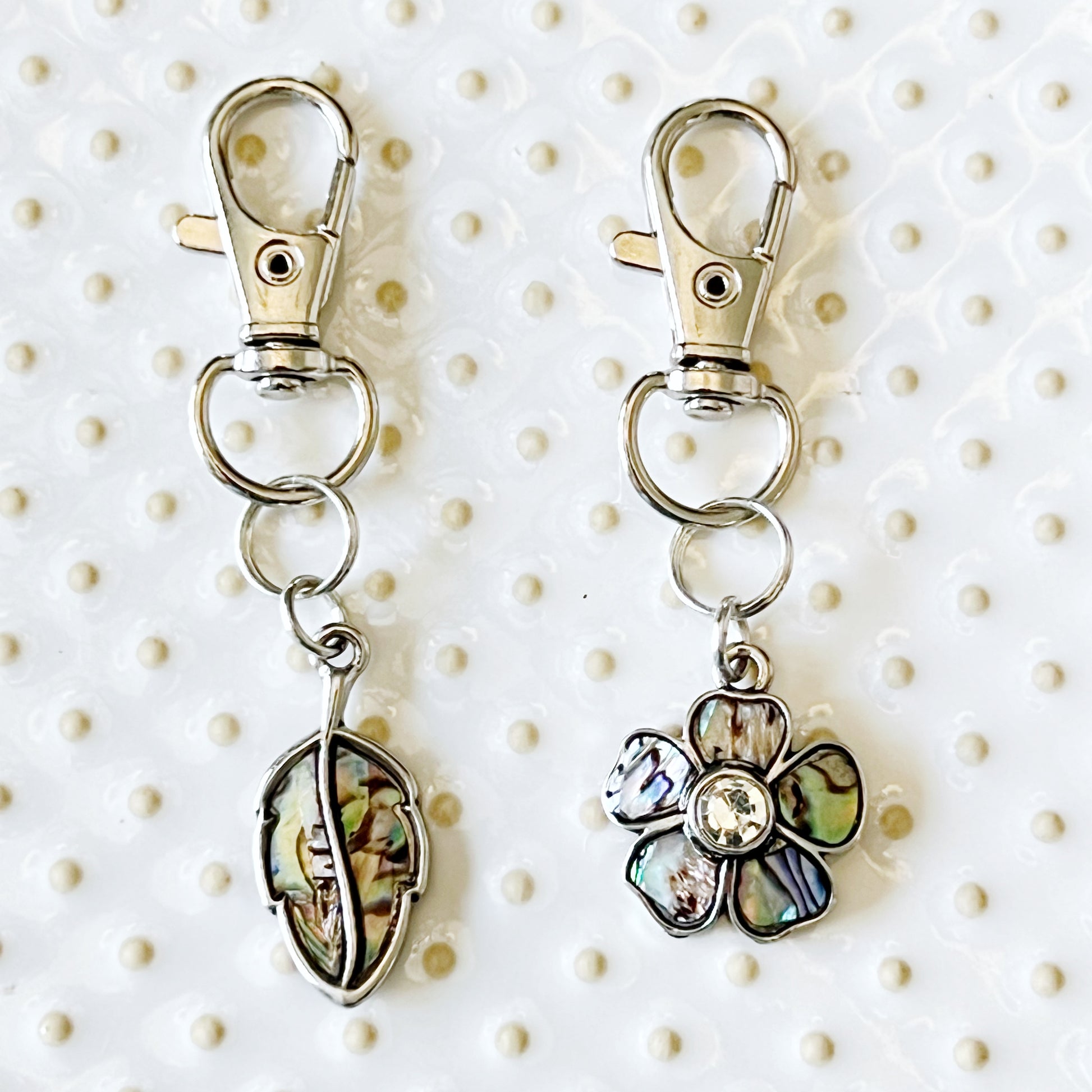 Flower and Leaf Zipper Pull Keychain Handbag Charm with Inlaid Abalone Shells