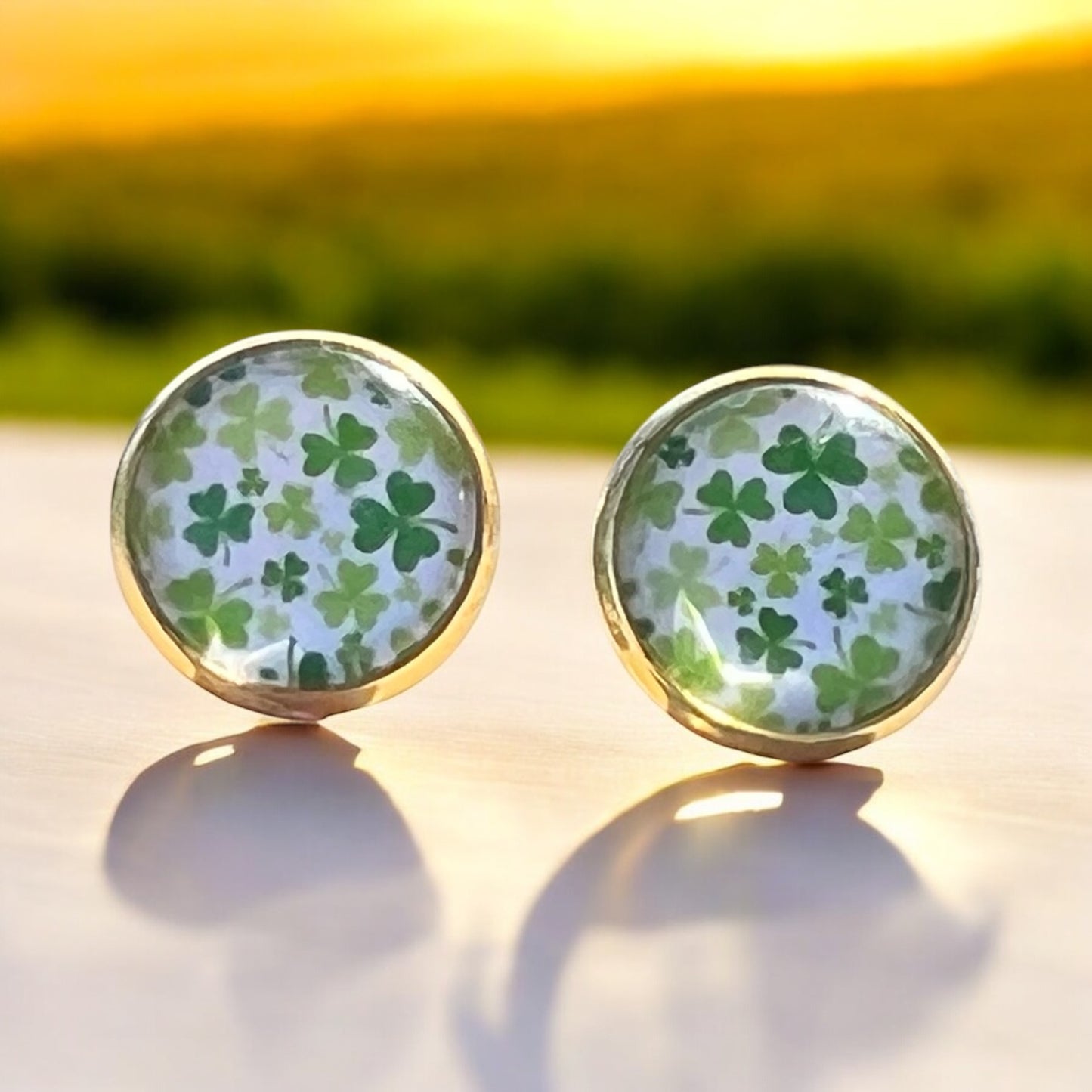 Gold Stud Earrings: Lucky Shamrock Clover Design for St. Patrick's Day Charm