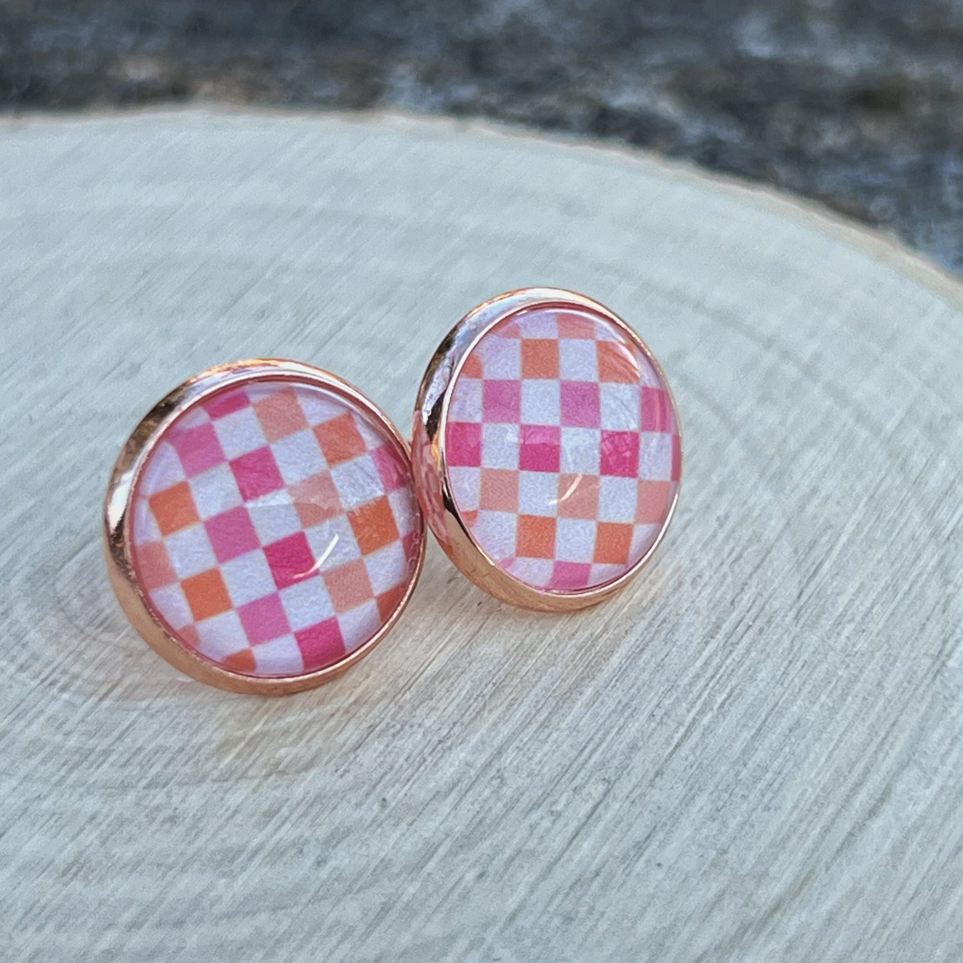 Pink & Orange Gingham Earrings - Rose Gold