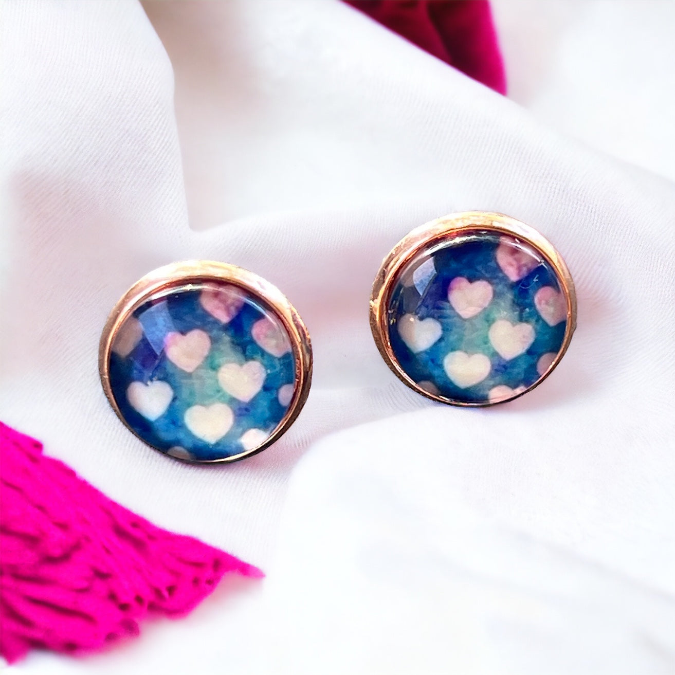 Pink Heart Blue & Rose Gold Earring Studs - Elegant and Charming Accessories