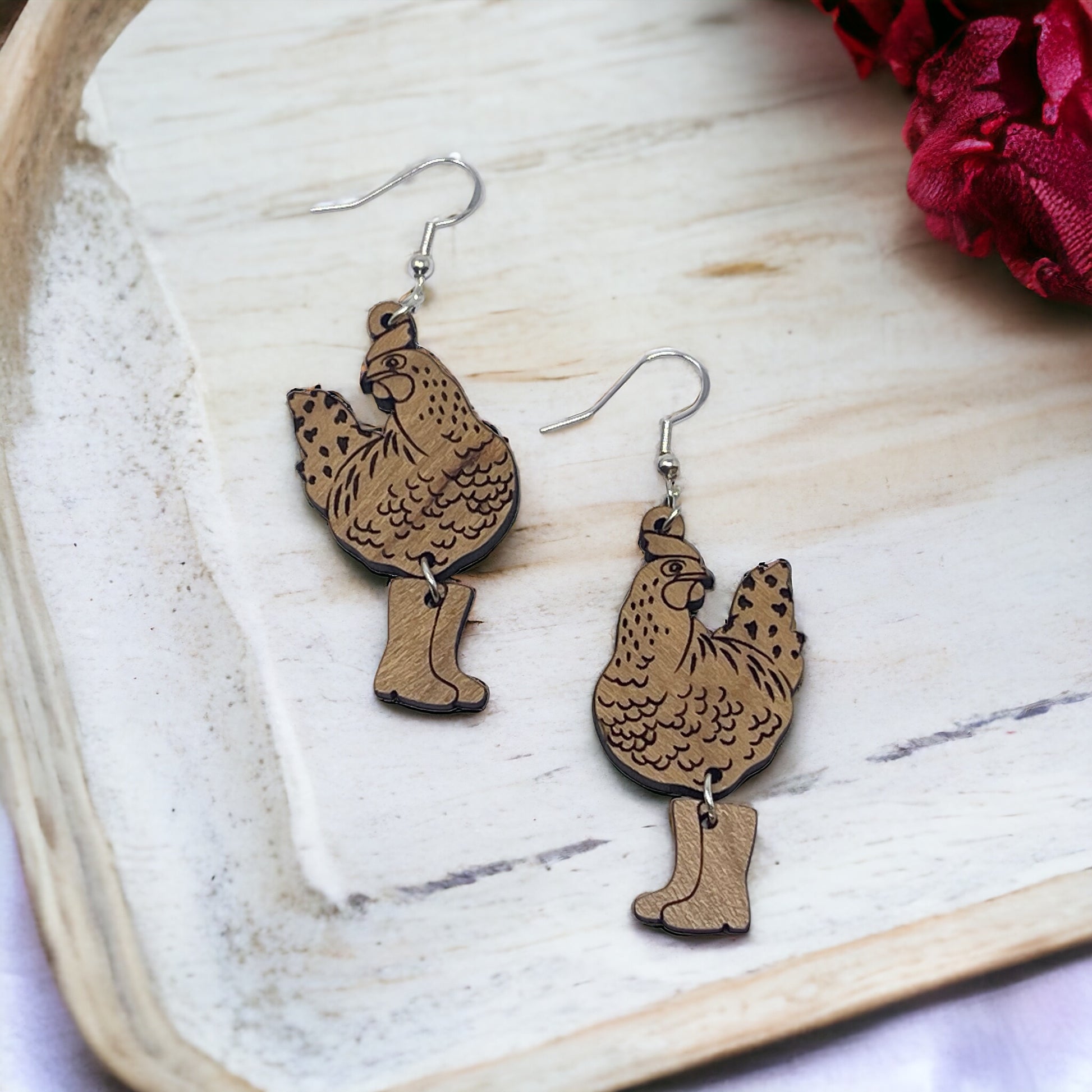 Chic Chicken in Boots Wood Earrings: Handmade Rustic Jewelry for Animal Lovers