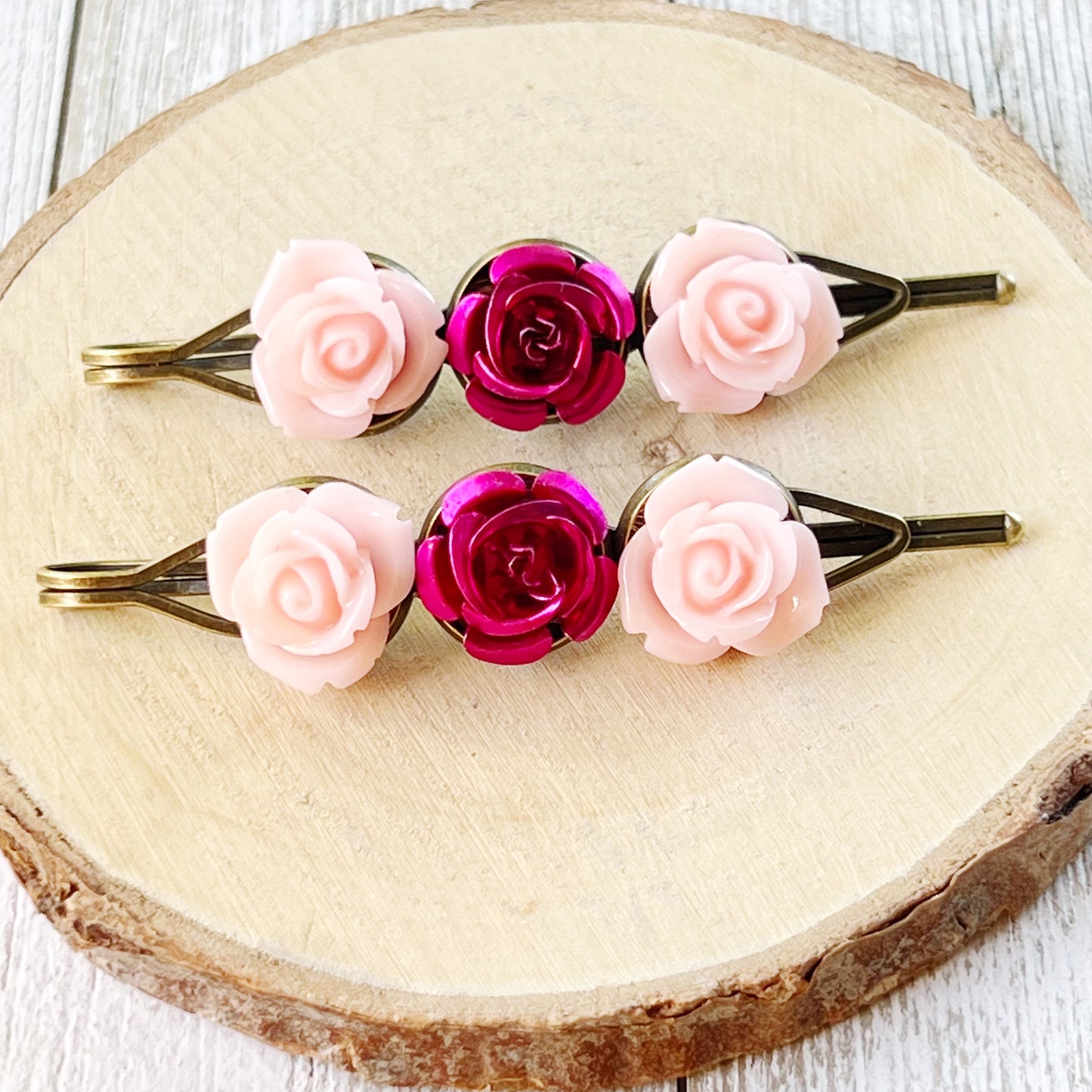 Pink Rose Flower Hair Pins