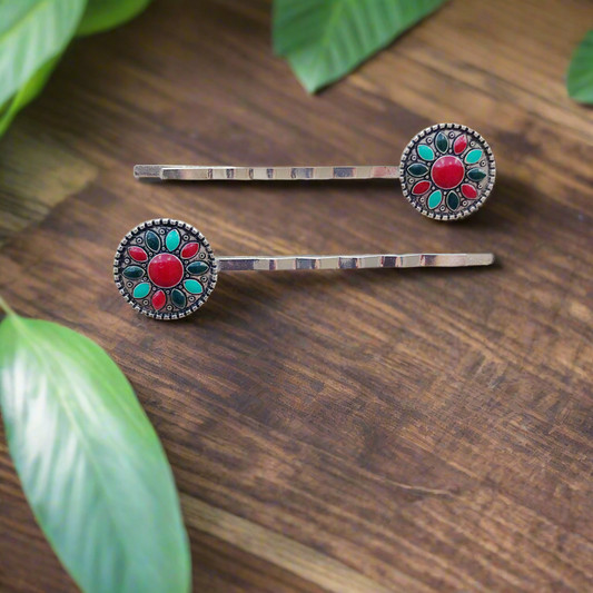 Boho Western Turquoise Medallion Hair Pins - Set of 2 Stylish Accessories