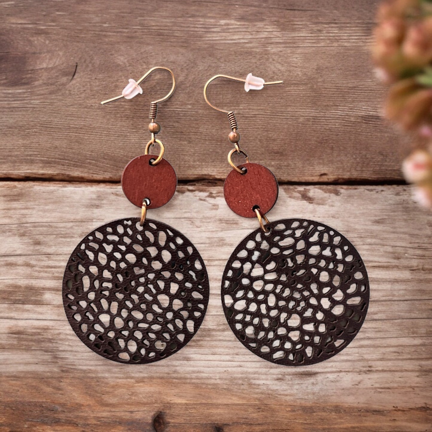 Natural Wood & Black Leather Earrings: Chic & Rustic Accessories