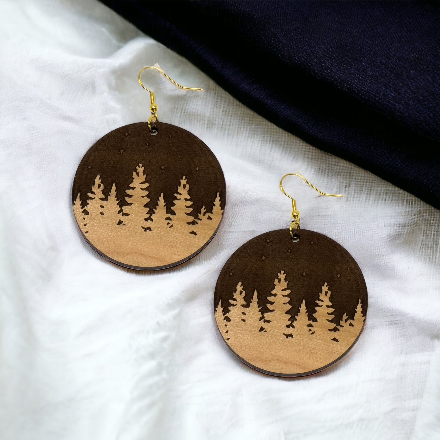 Pine Trees Mountain Earrings, Cute Holiday Christmas Dangle Earrings, Round Wood Earrings, Country Xmas Jewelry, Snowy Forest Nature Gifts