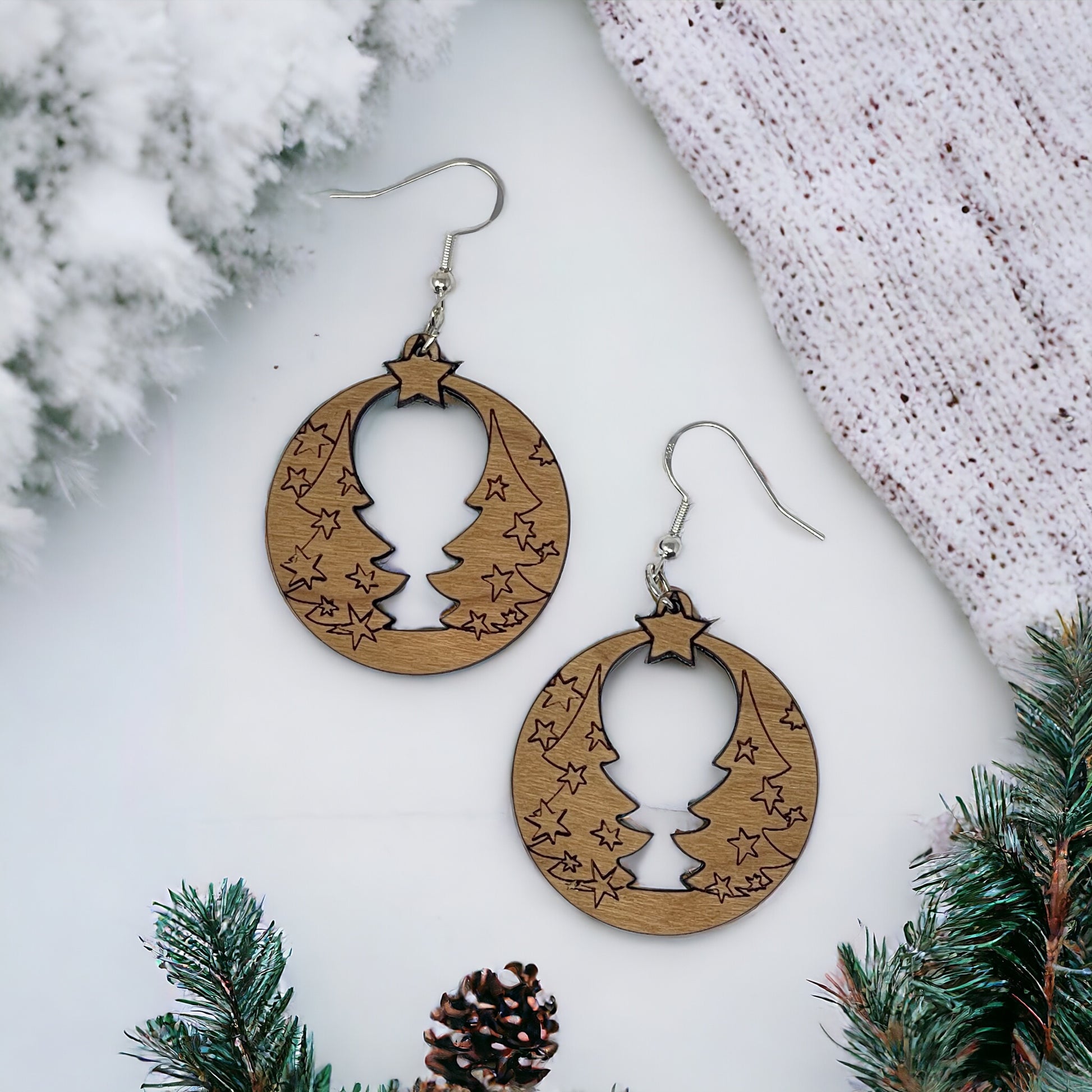 Christmas Tree Wood Earrings - Rustic Dangle Pine Tree Design, Cute Winter Holiday Accessories with a Natural Touch