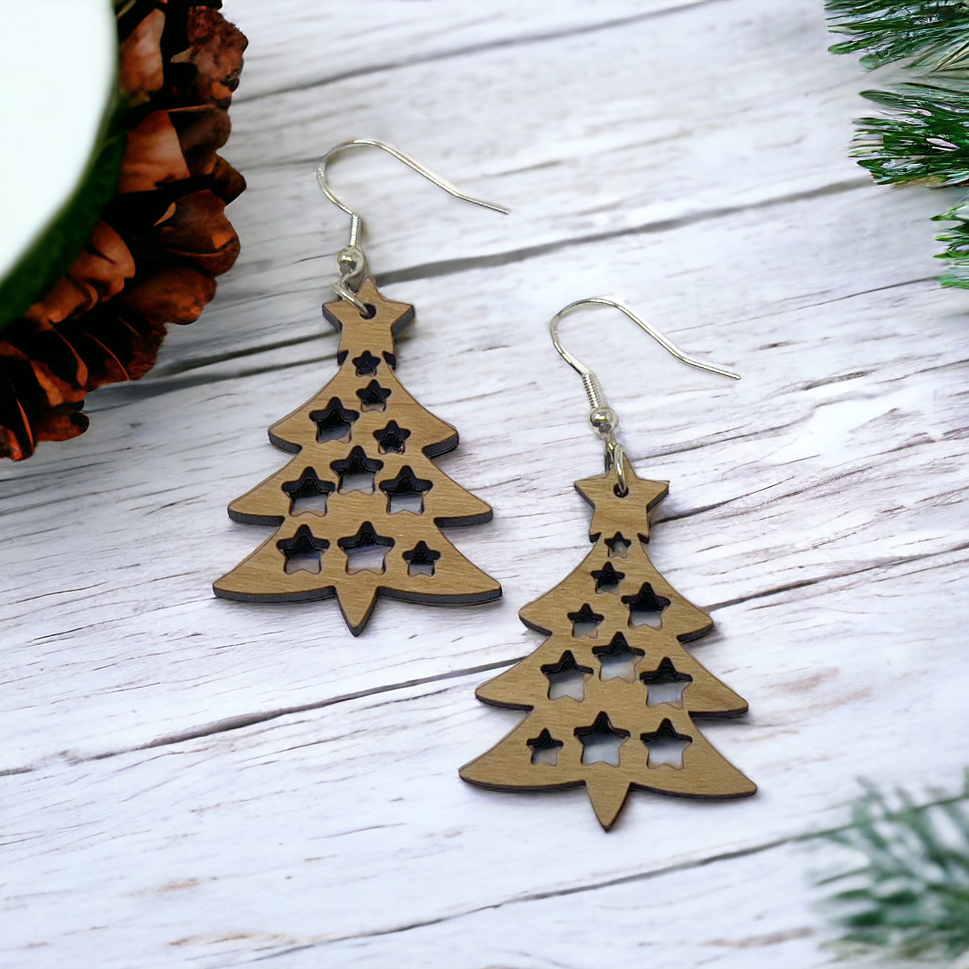 Tree & Star Earrings - Rustic Wood Dangle Earrings with a Whimsical Boho Touch, Cute Winter Holiday Accessories | Nature-Inspired Jewelry