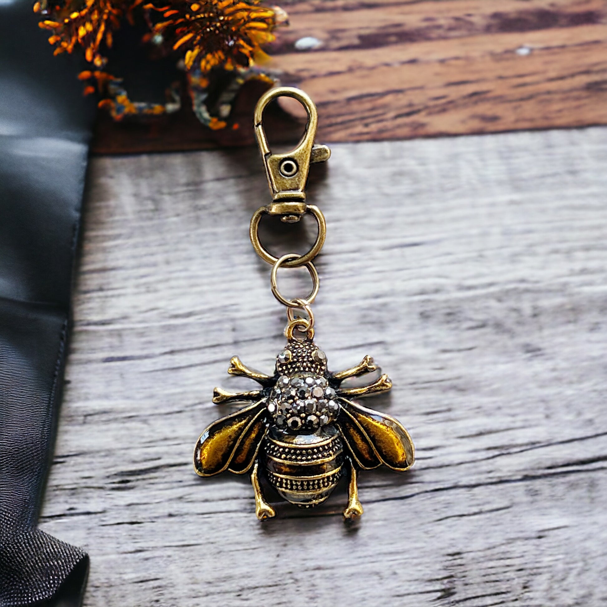 Gothic Bee Zipper Pull Keychain Purse Charm - Rhinestone Embellished Accessory