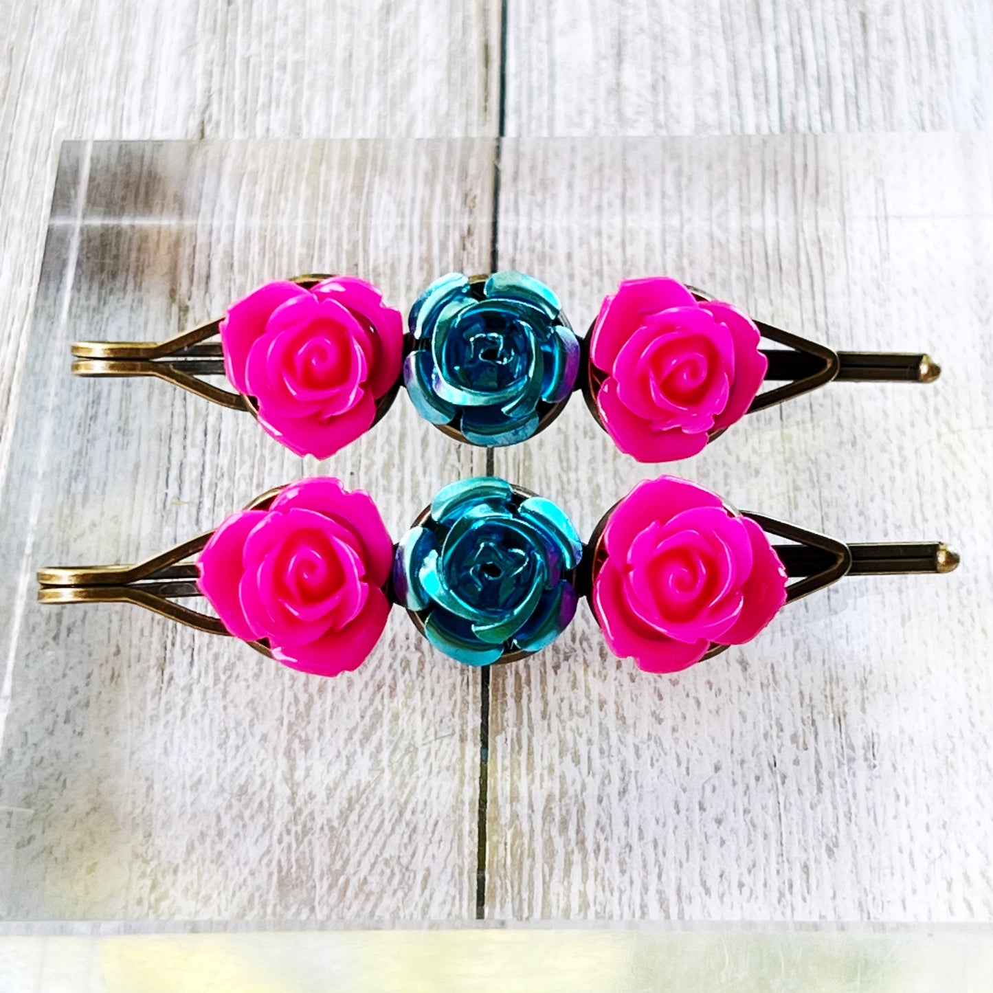 Pink & Blue Rose Floral Hair Pins - Delicate & Romantic Hair Accessories