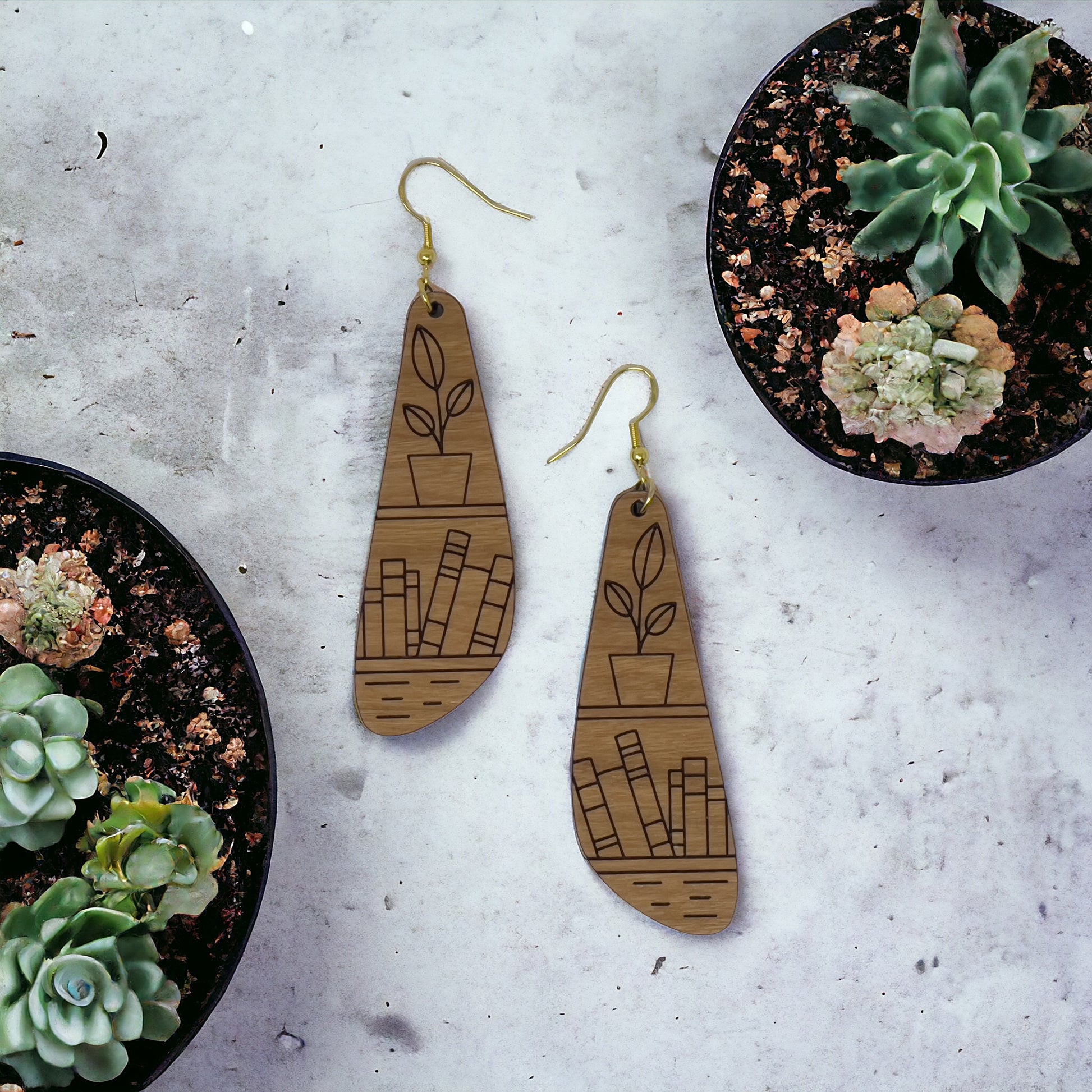 Bookshelf Wood Dangle Earrings - Cute Book Lover Gift | Boho Women's Miniature Bookcase Jewelry