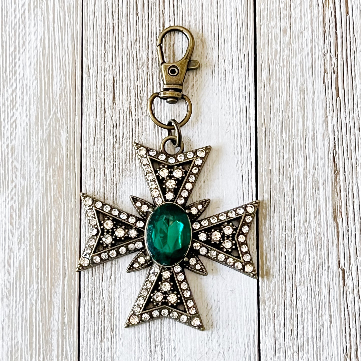 Ornate Brass Cross Boho Western Zipper Handbag Charm with Rhinestone Accents - Stylish and Unique Accessory for Your Handbag