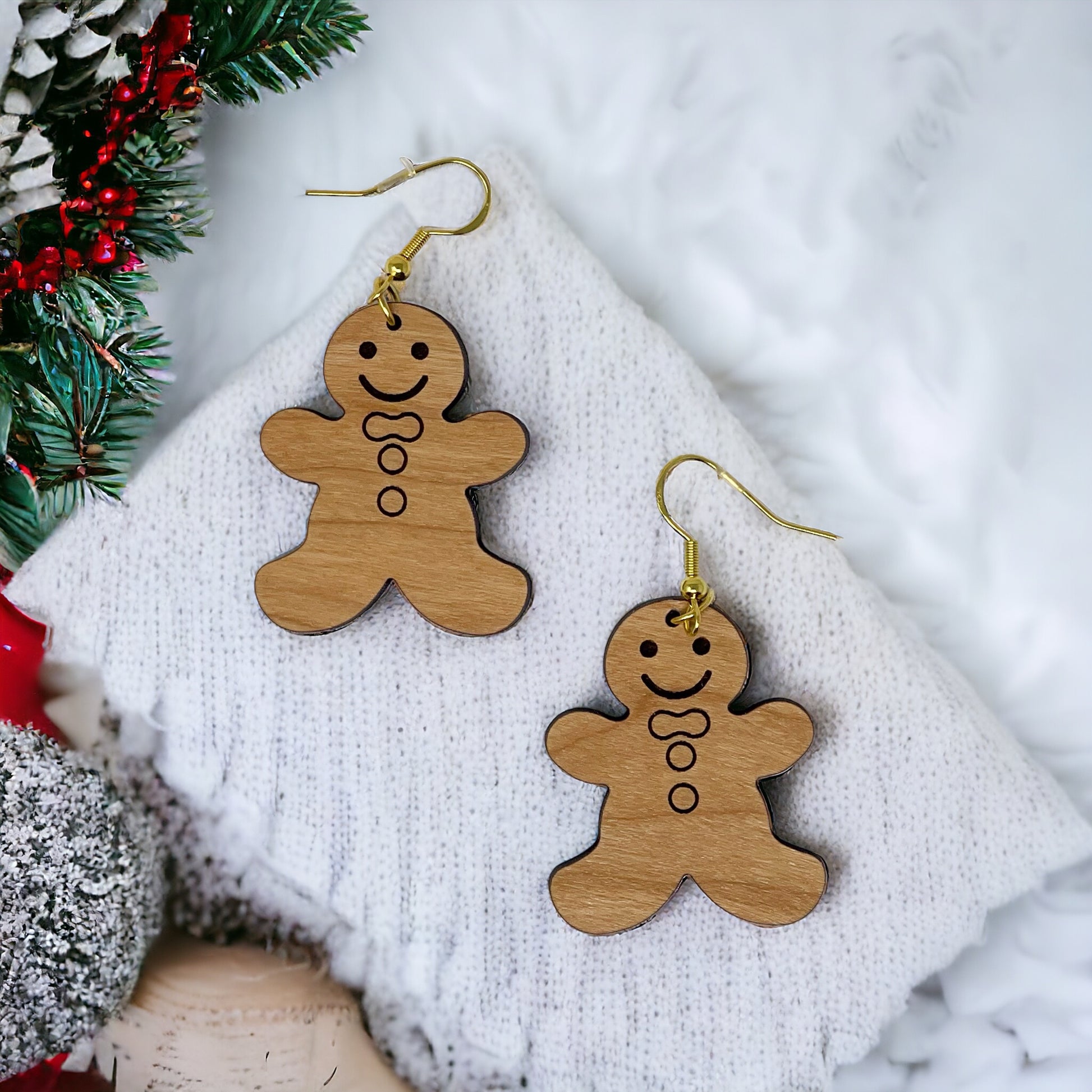 Gingerbread Man Earrings, Rustic Dangle Earring, Funny Wood Earring, Cute Winter Holiday Wooden Womens Earring, Country Western Xmas Jewelry