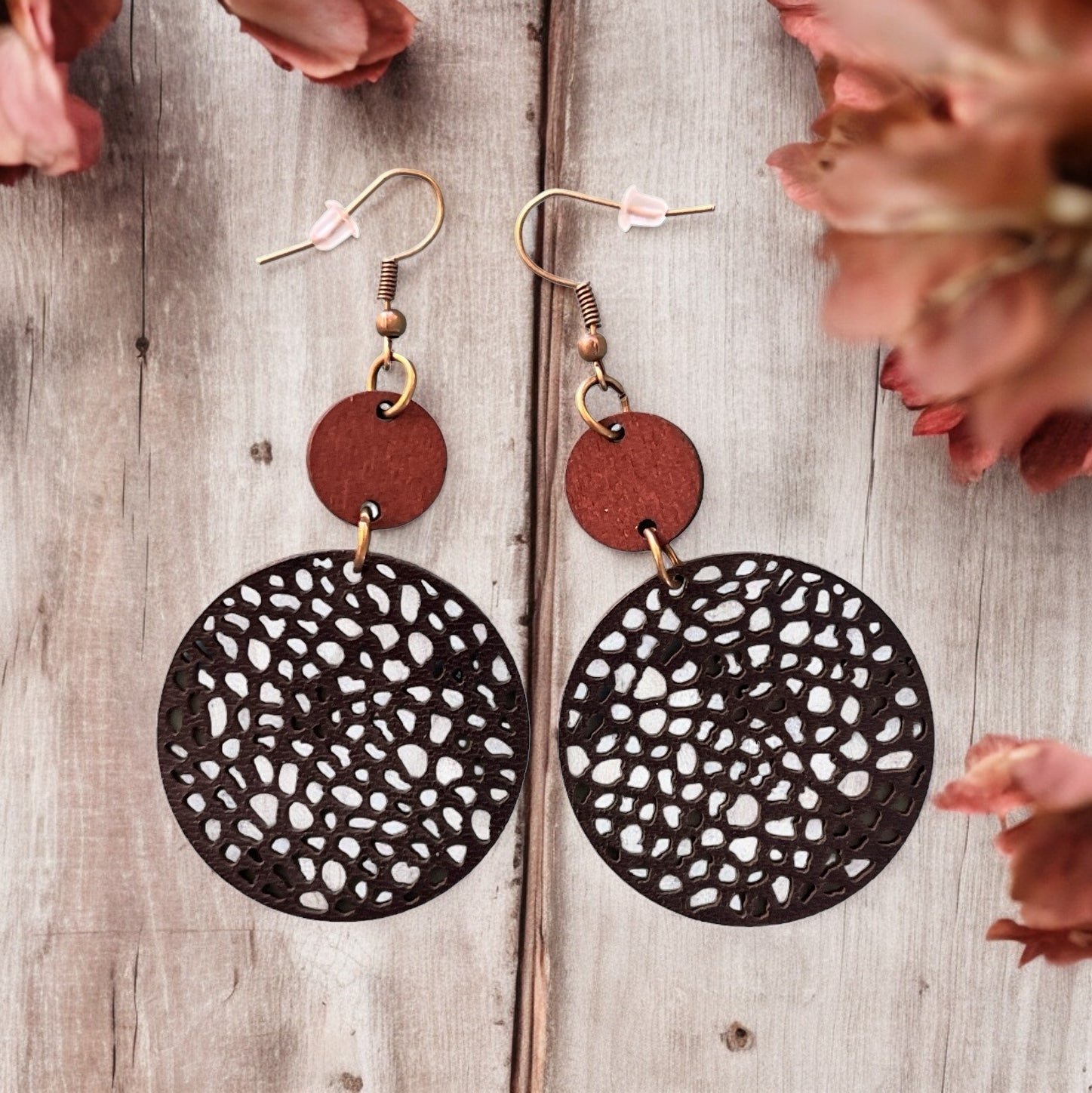 Natural Wood & Black Leather Earrings: Chic & Rustic Accessories