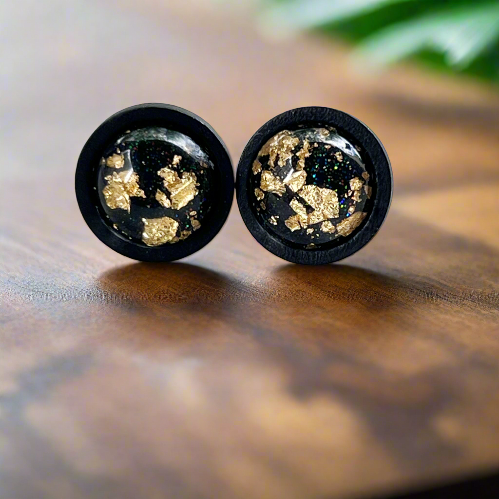 Gold Flake Black Wood Earring Studs - Versatile Unisex Accessories