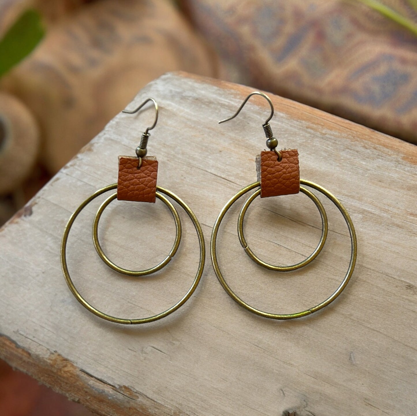 Leather & Brass Double Hoop Earrings: Western Boho Chic Accessories