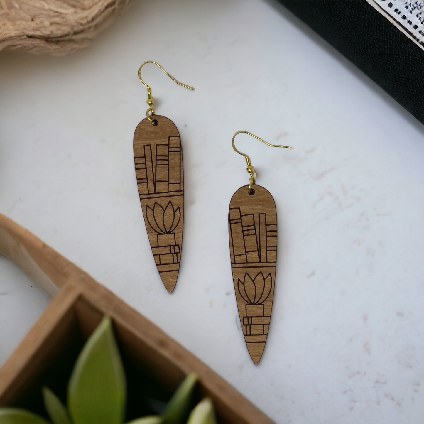 Bookshelf Wood Dangle Earrings - Cute Book Lover Gift | Boho Women's Miniature Bookcase Jewelry