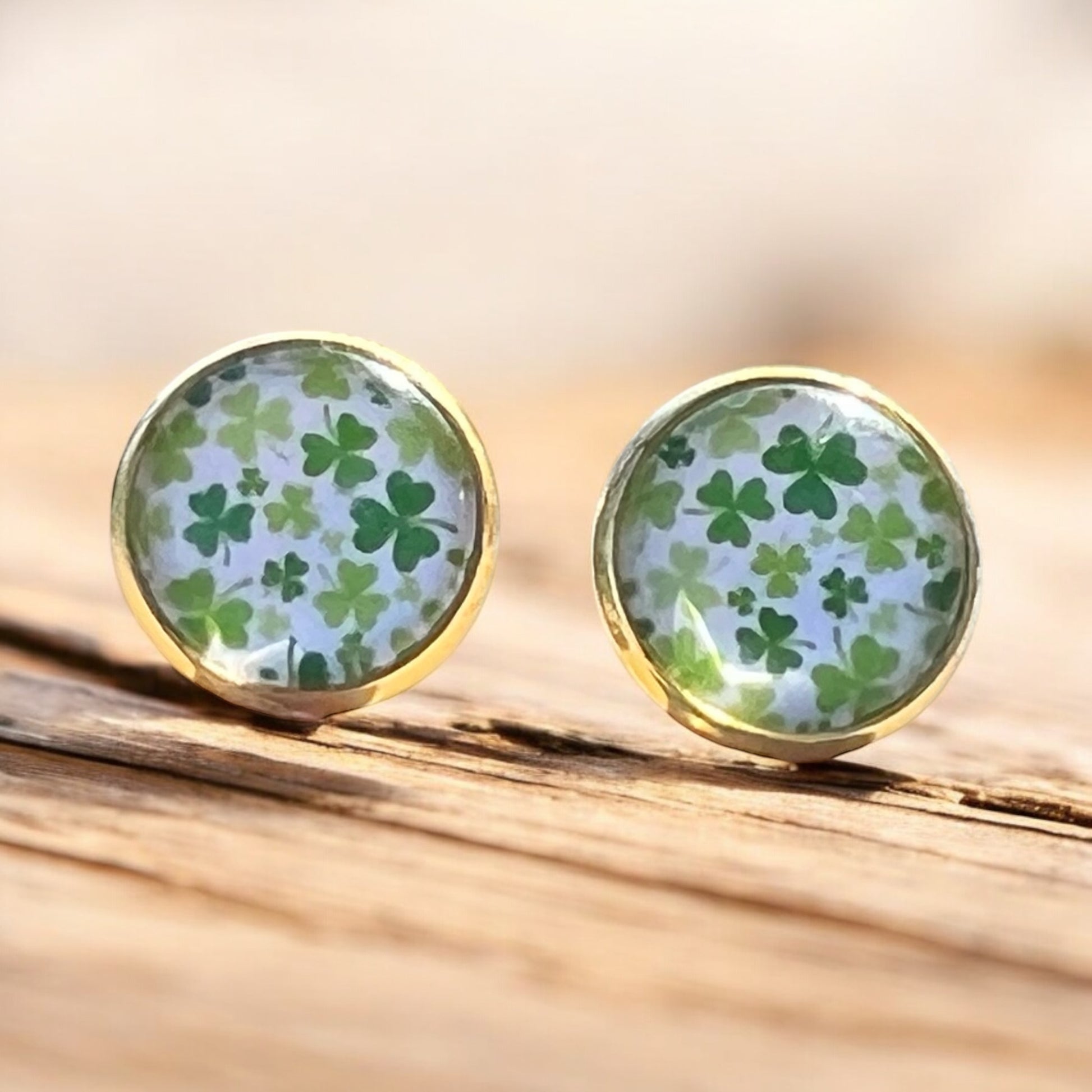 Gold Stud Earrings: Lucky Shamrock Clover Design for St. Patrick's Day Charm