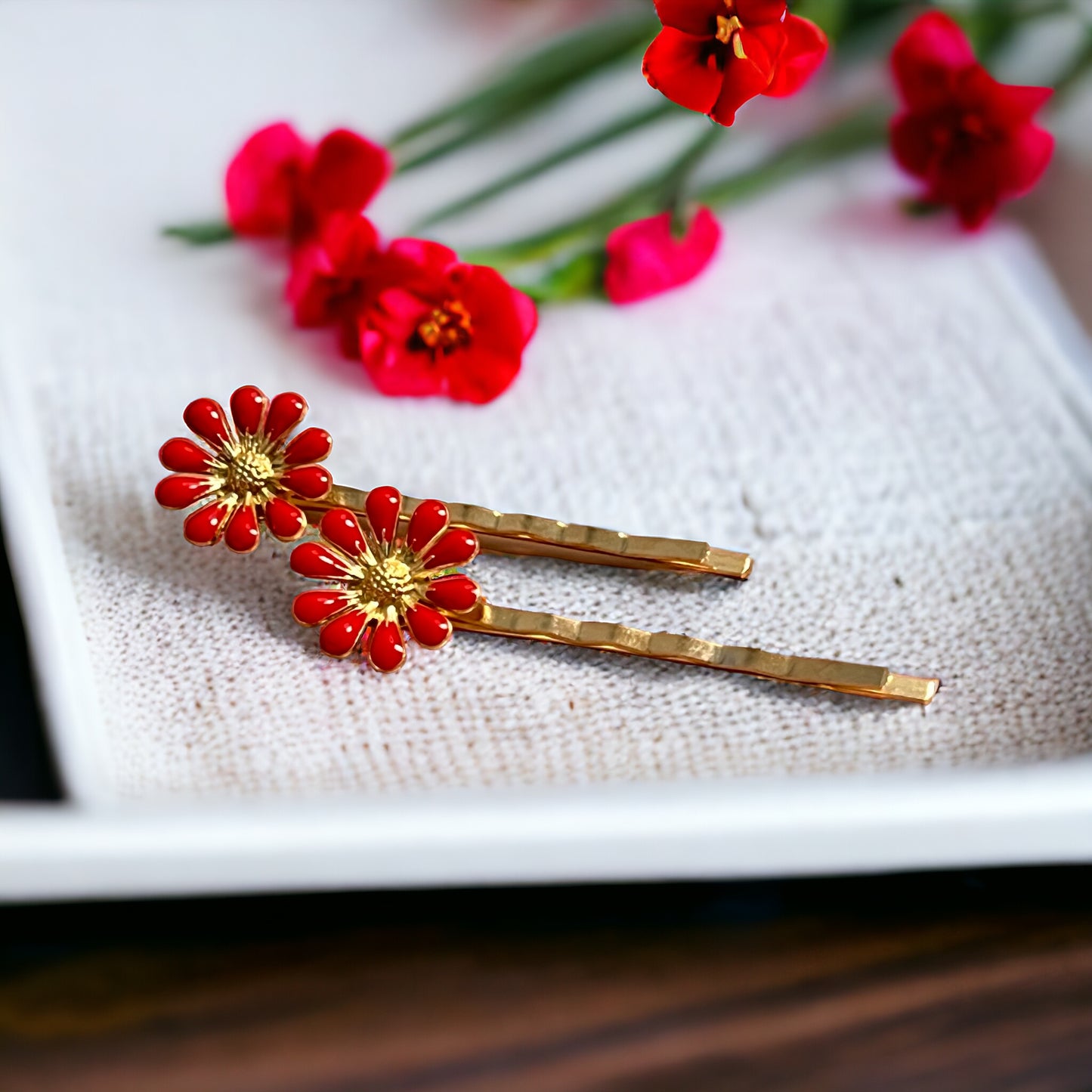 Decorative Red Enamel Wildflower Hair Pins - Delicate Floral Accessories