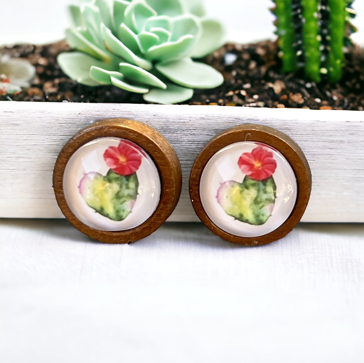 Flowering Cactus Heart Valentine Succulent Wood Stud Earrings