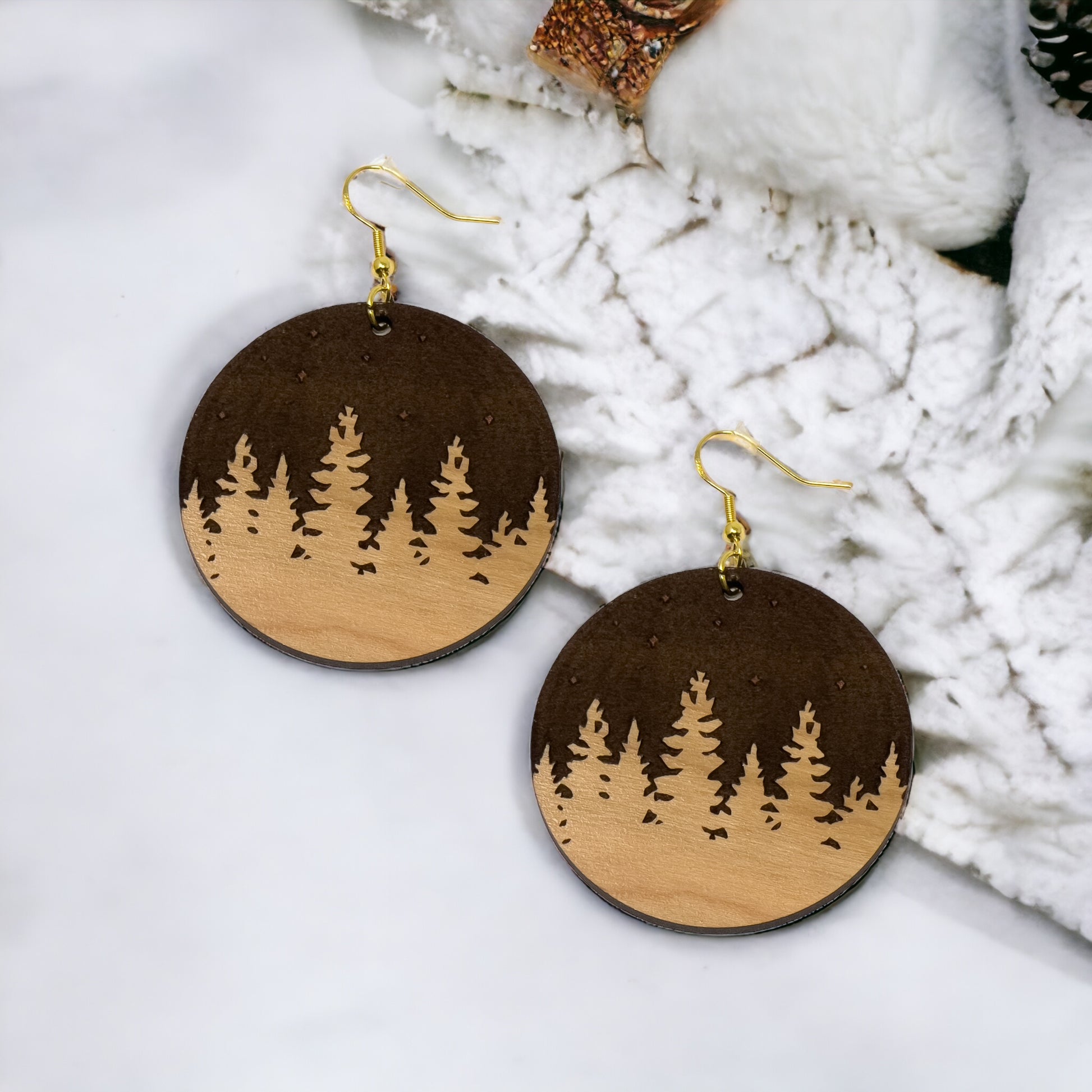 Pine Trees Mountain Earrings, Cute Holiday Christmas Dangle Earrings, Round Wood Earrings, Country Xmas Jewelry, Snowy Forest Nature Gifts