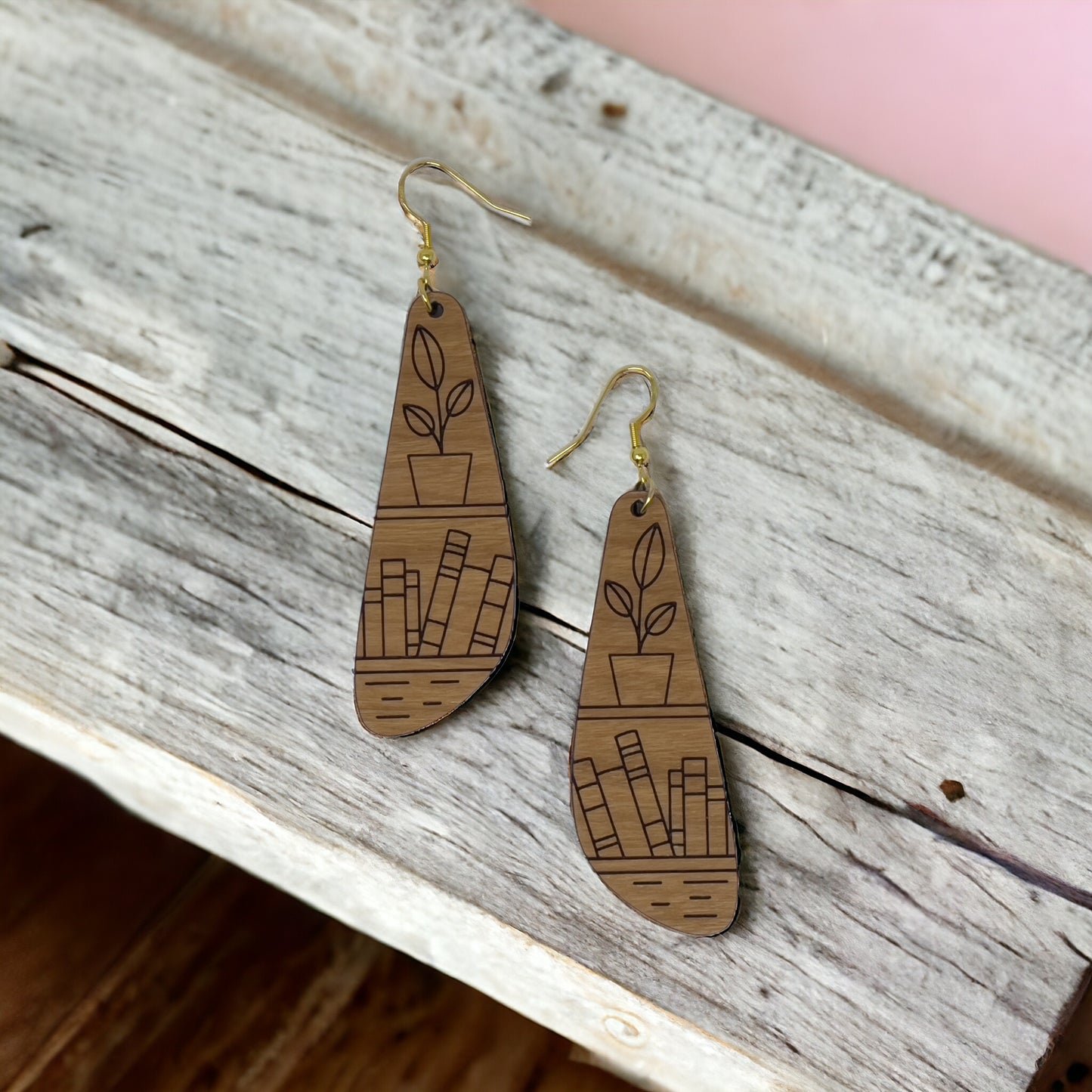 Bookshelf Wood Dangle Earrings - Cute Book Lover Gift | Boho Women's Miniature Bookcase Jewelry