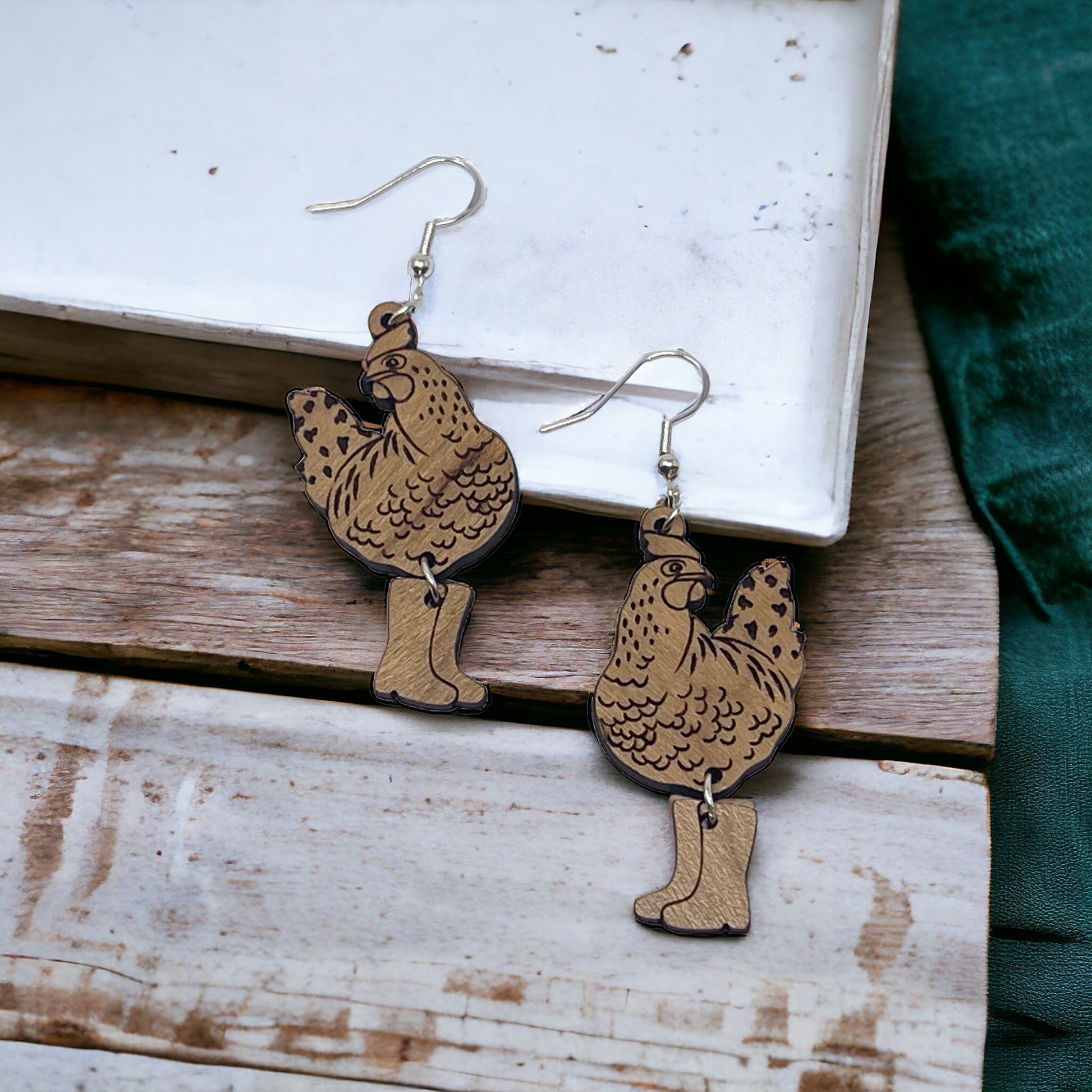 Chic Chicken in Boots Wood Earrings: Handmade Rustic Jewelry for Animal Lovers