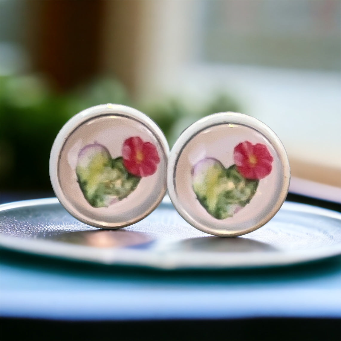 Flowering Cactus Heart Valentine Succulent White Stud Earrings