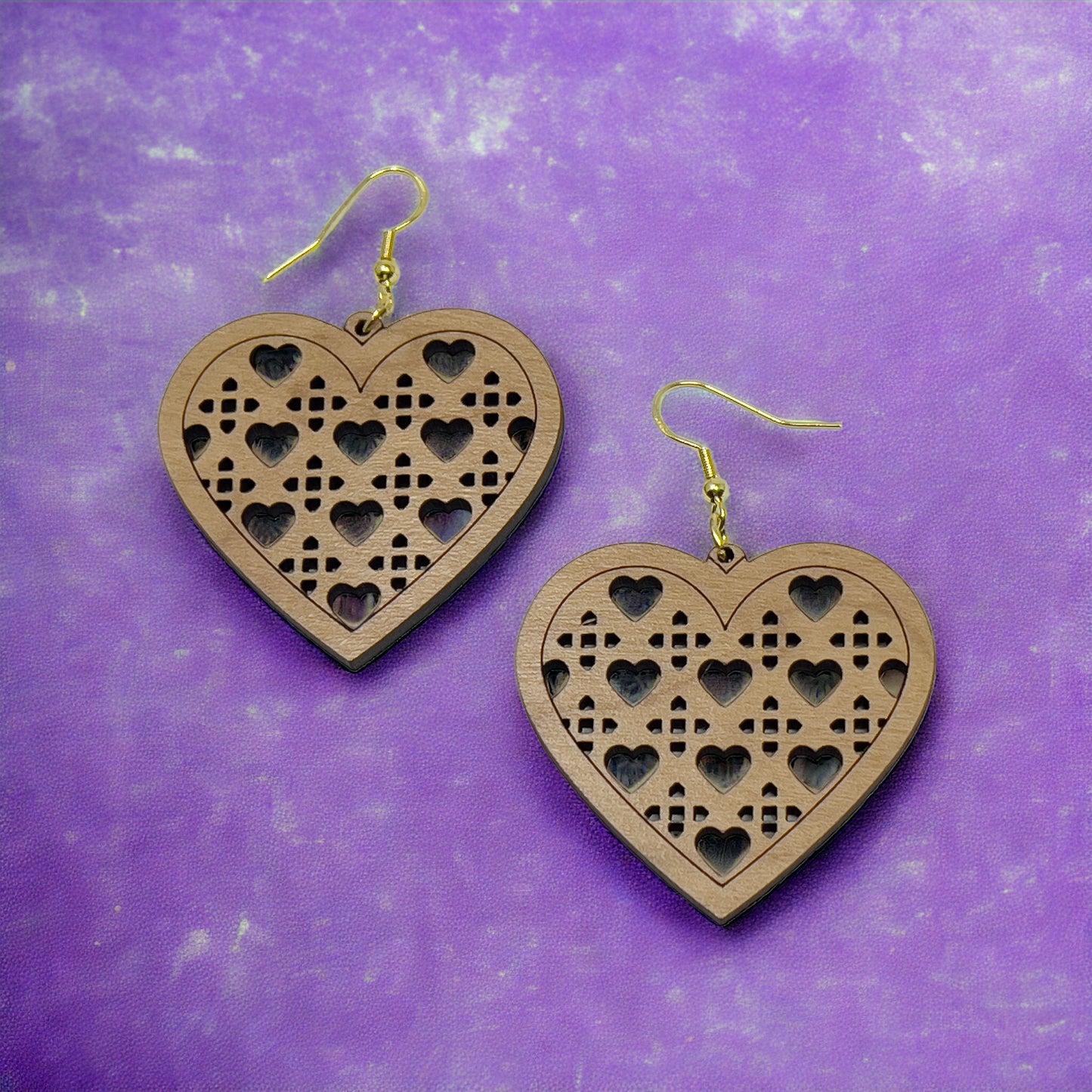 Wood Heart Earrings, Rustic Valentines Dangle Earrings, Cute Holiday Earrings, Wooden Lattice Cutout Earrings, Country Western Boho Jewelry