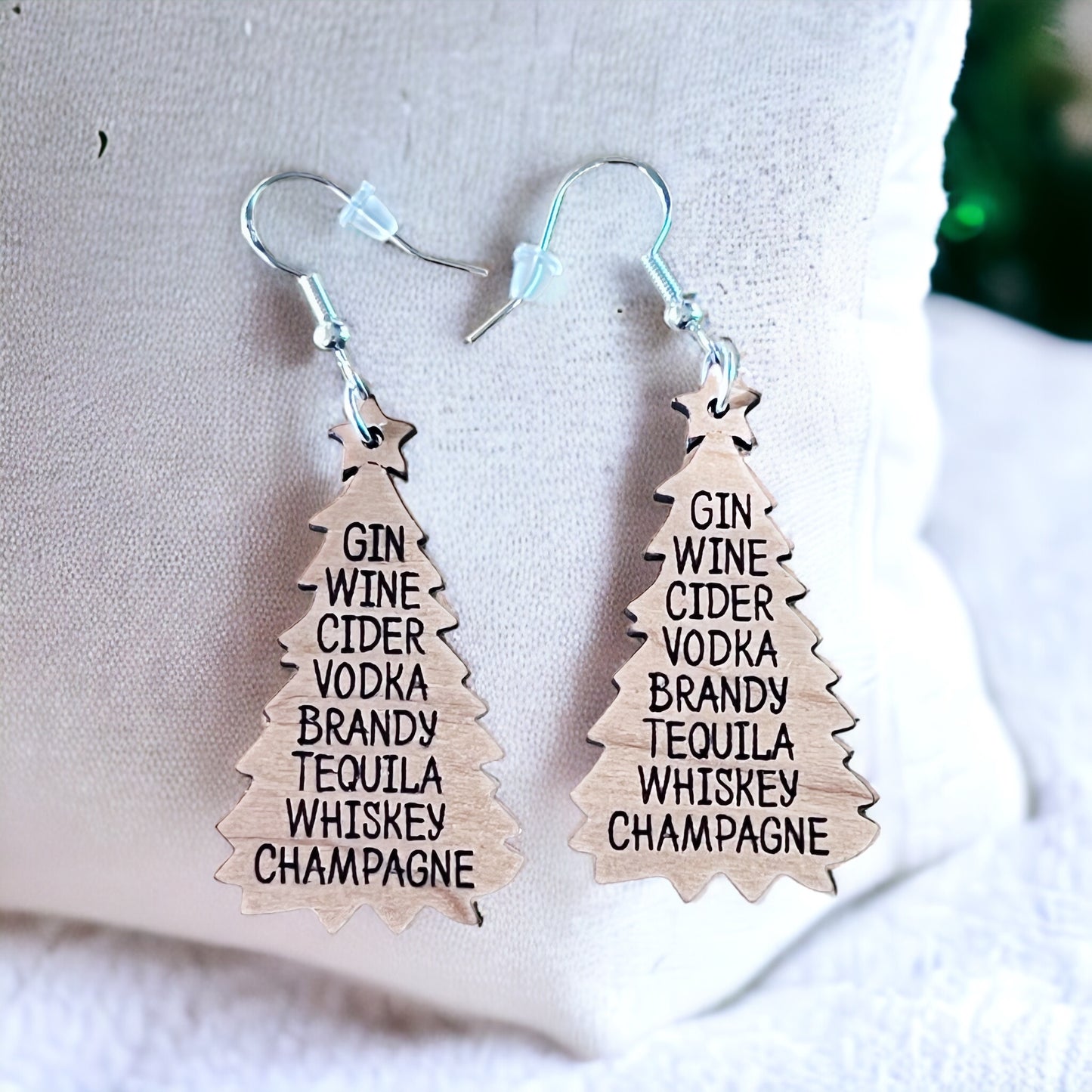 Funny Boozy Christmas Earrings, Christmas Tree Dangle Earring, Cute Fun Holiday Earring, Wood Tree Earring, Country Xmas Booze Wine Jewelry