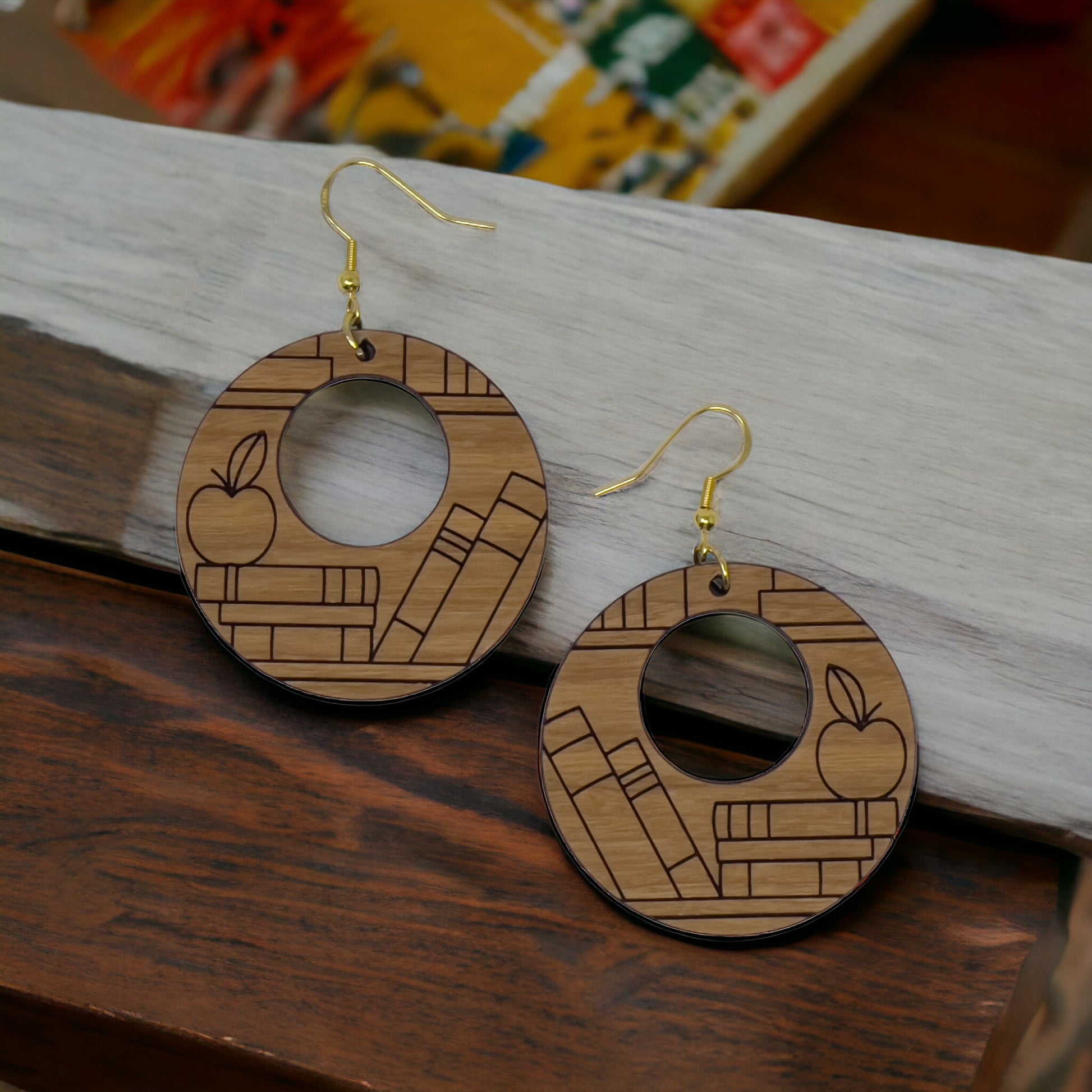 Bookshelf Wood Dangle Earrings - Cute Book Lover Gift | Boho Women's Miniature Bookcase Jewelry