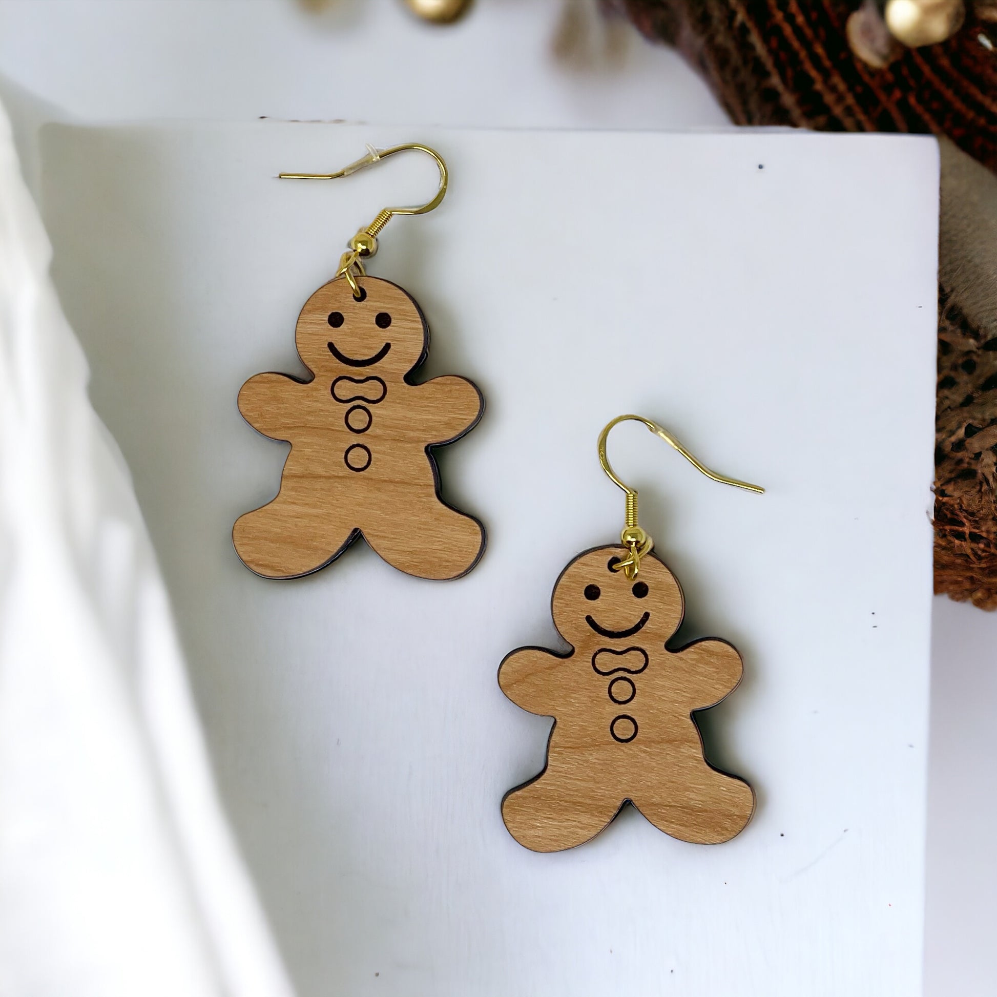 Gingerbread Man Earrings, Rustic Dangle Earring, Funny Wood Earring, Cute Winter Holiday Wooden Womens Earring, Country Western Xmas Jewelry